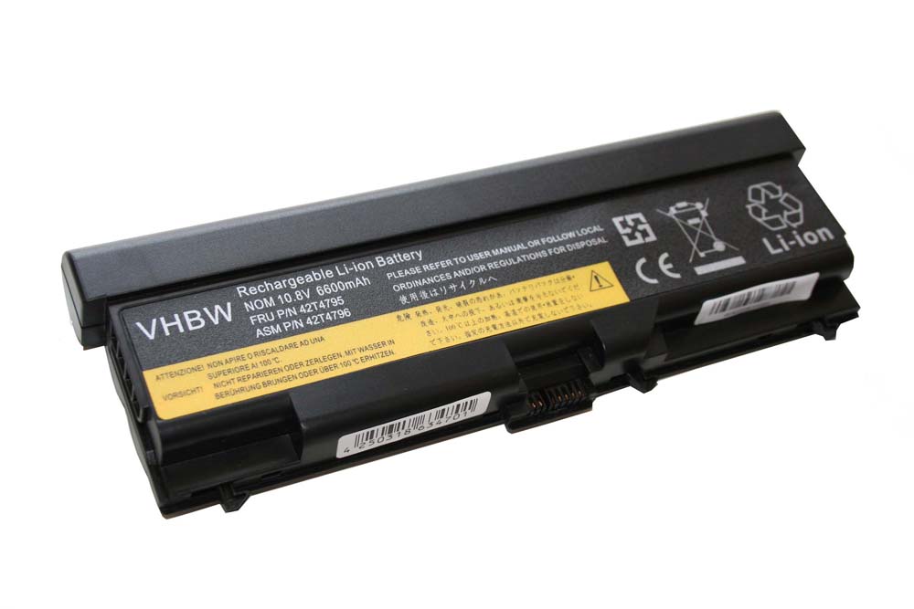 Batterie remplace Lenovo 42T4708, 42T4709, 42T4235 pour ordinateur portable - 6600mAh 10,8V Li-ion, noir
