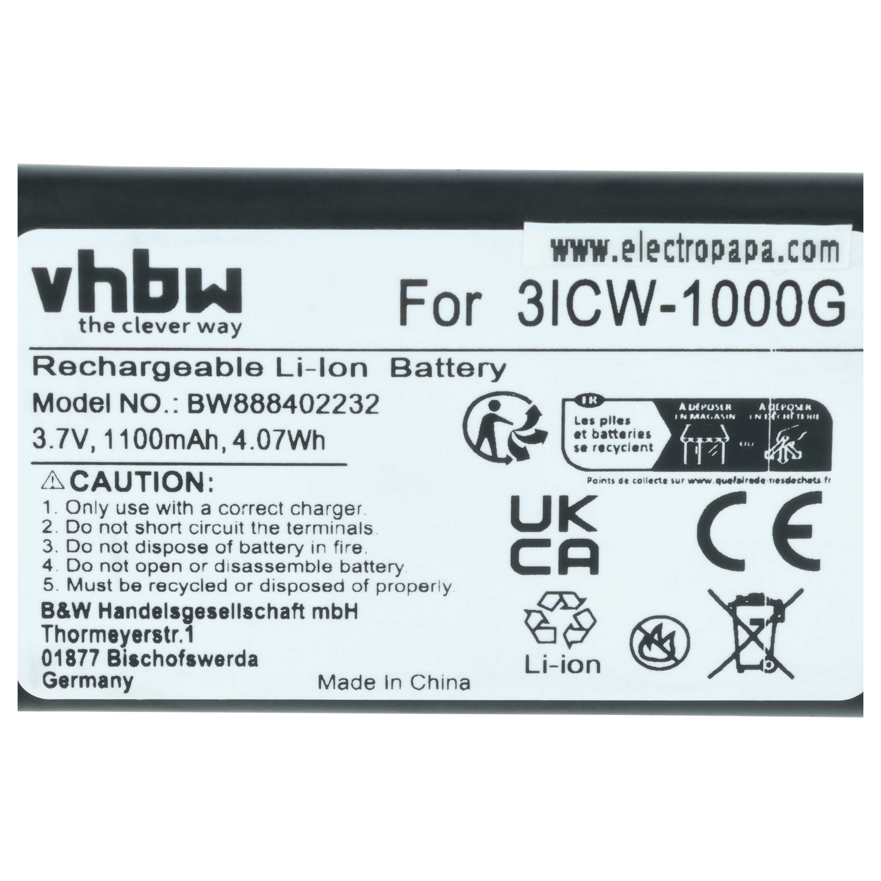 Batterie remplace UniData / Incom 3ICW-1000G pour téléphone SIP UniData / Incom - 1100mAh 3,7V Li-ion