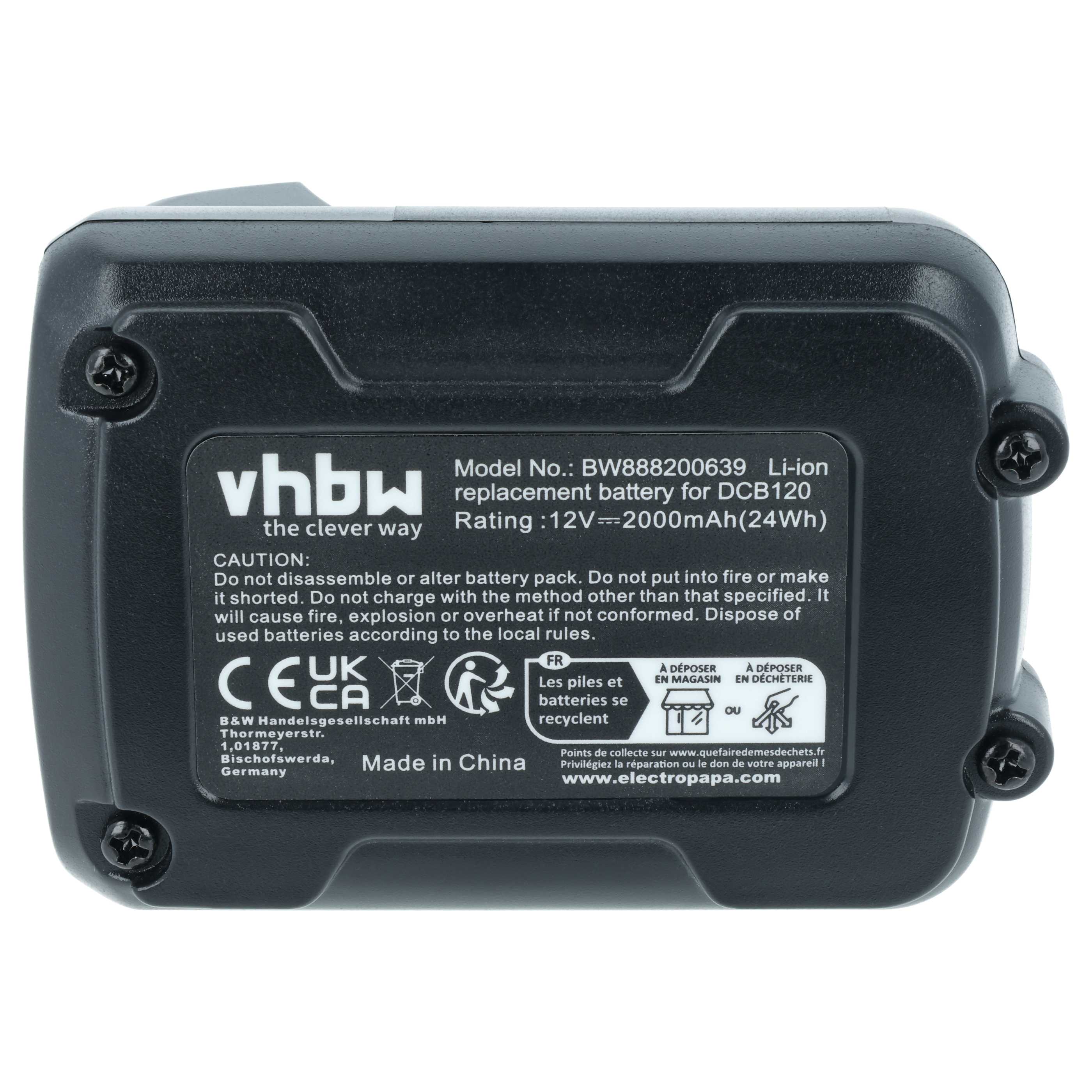 Batteria sostituisce Dewalt DCB127, DCB125, DCB123, DCB121, DCB120 per attrezzo - 2000mAh 12V Li-Ion