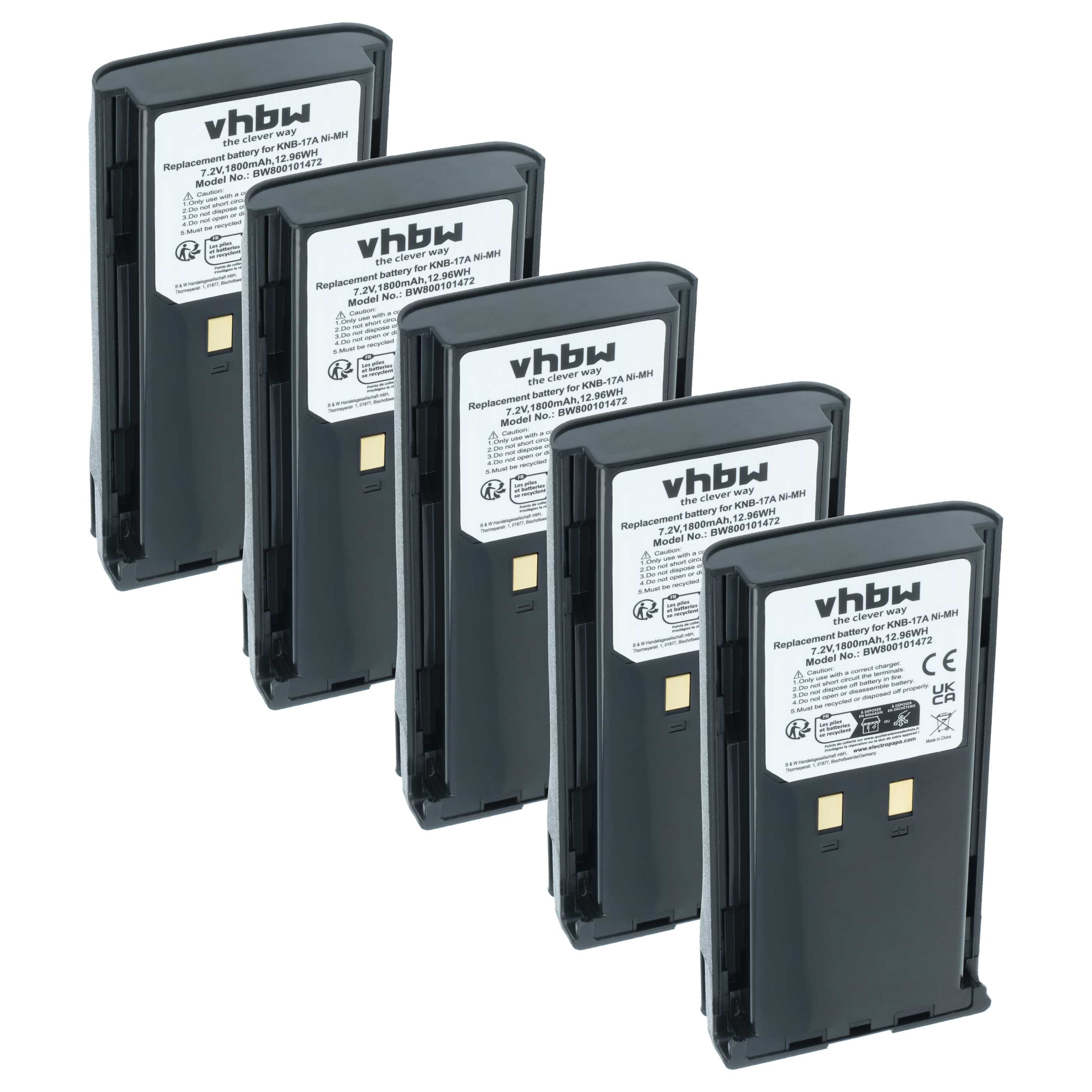 Radio 5x Battery replaces Kenwood KNB-52N, KNB-22N, KNB-21N, KNB-17N, KNB-17A, KNB-16A - 1800 mAh 7.2 V NiMH