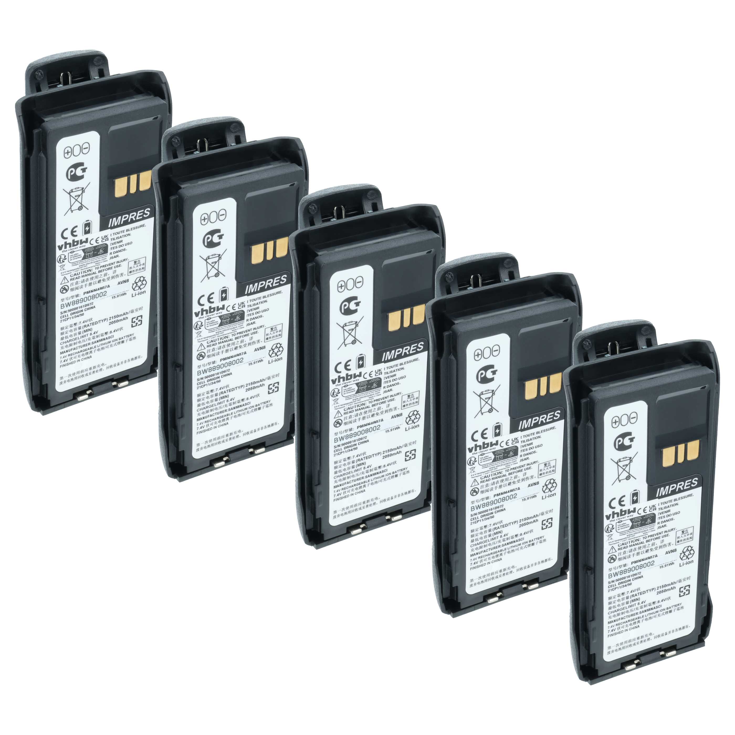 Radio 5x Battery replaces Motorola PMNN4807, PMNN4407A, PMNN4407 - 2150 mAh 8.4 V Li-Ion + Belt Clip