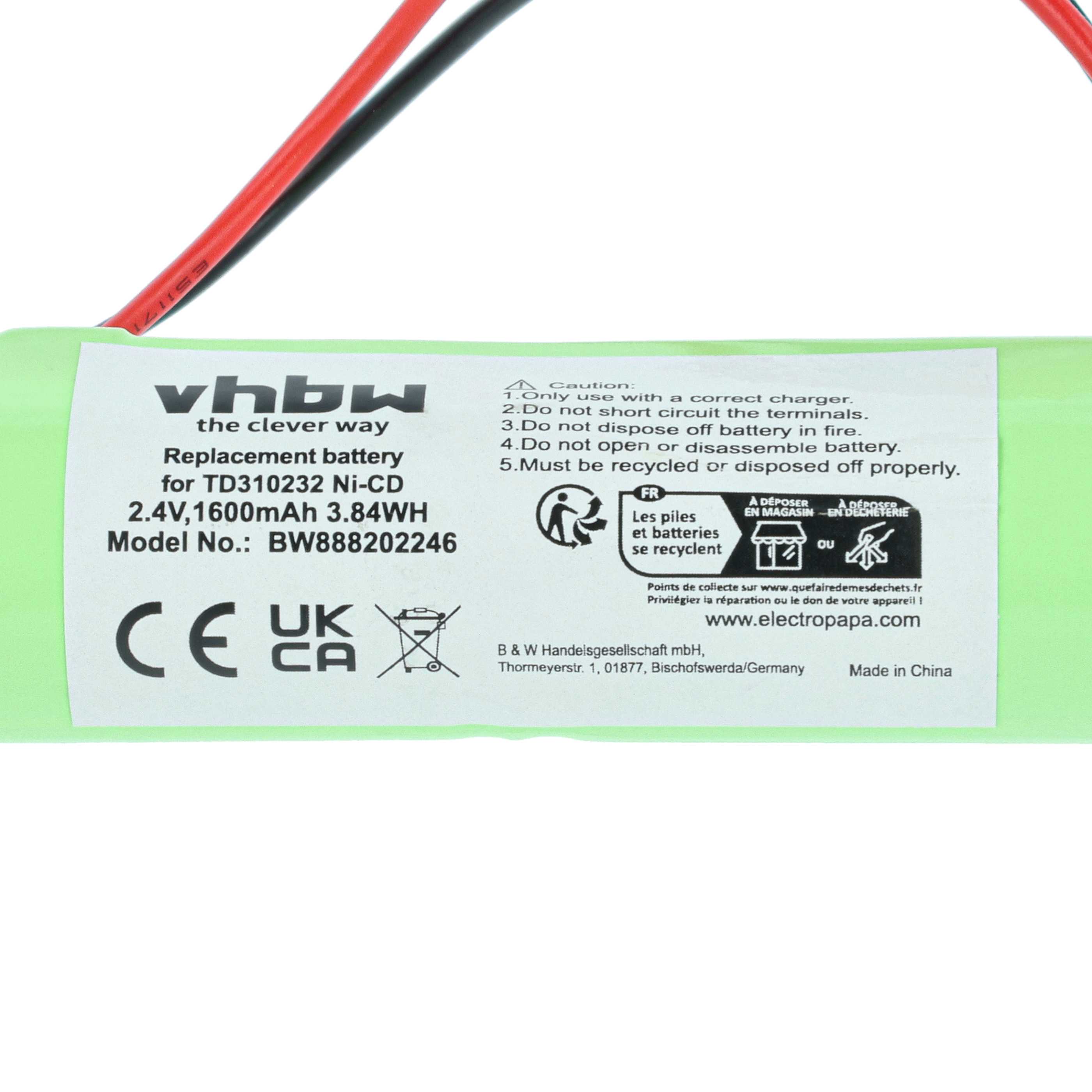 Emergency Light Battery replaces Schneider TD310232 - 1600 mAh 2.4 V NiCd