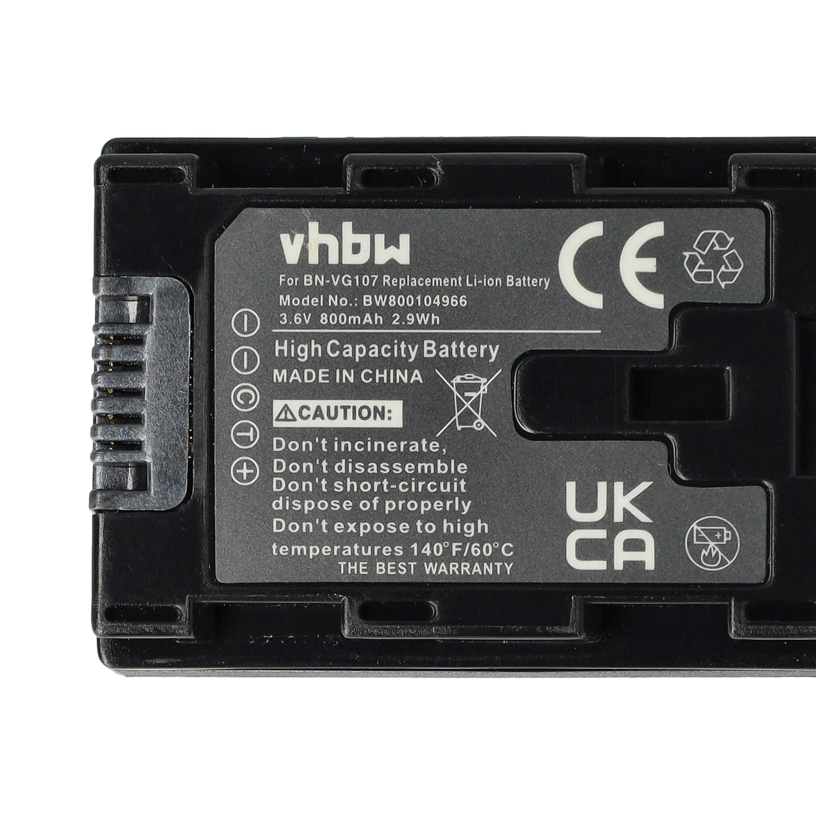 Videocamera Battery replaces JVC BN-VG107, BN-VG107U, BN-VG107E, BN-VG108, BN-VG107US - 800 mAh 3.6 V Li-Ion