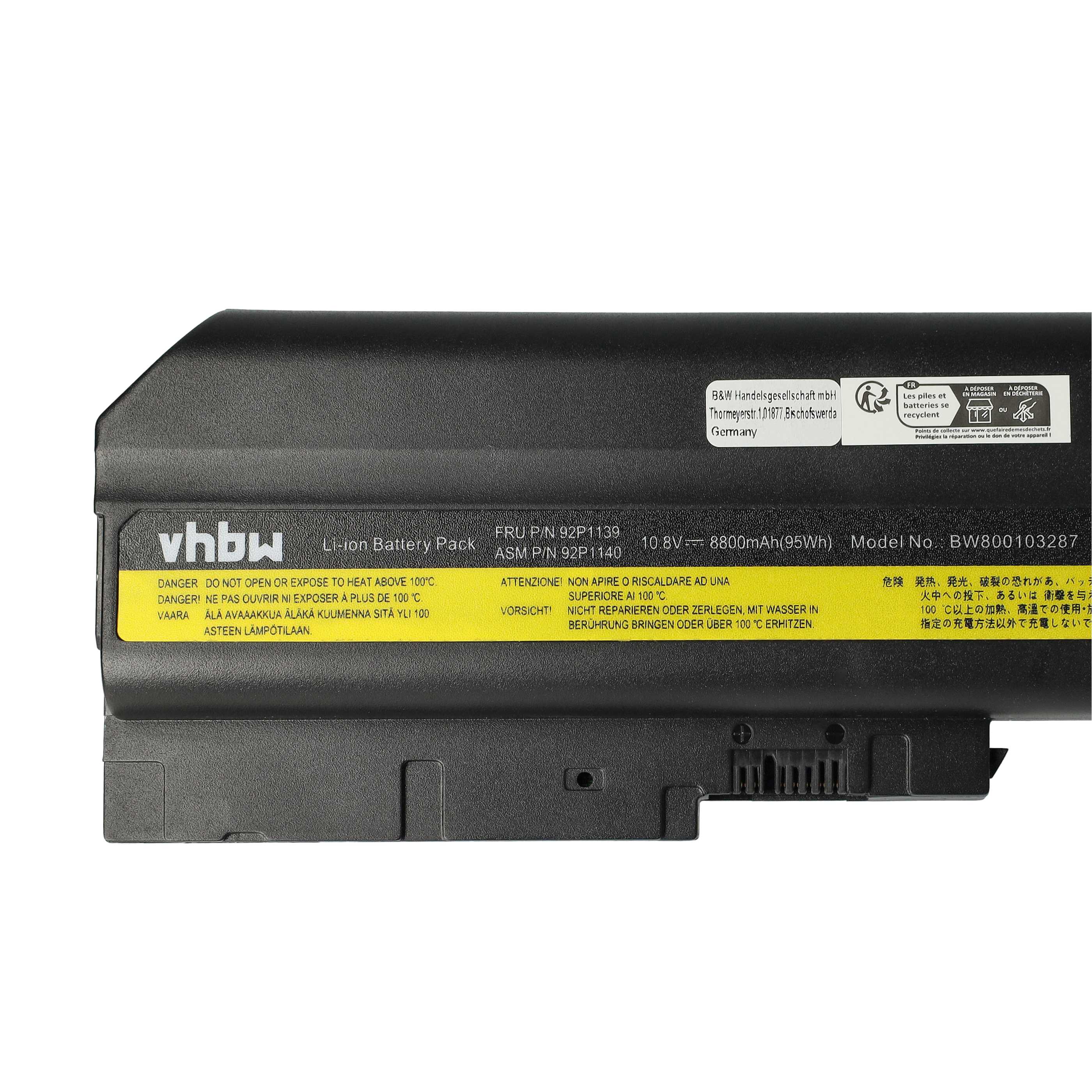 Batería reemplaza IBM / Lenovo 40Y6797, 40Y6798, 40Y6799, 40Y6795 para notebook - 8800 mAh 10,8 V Li-Ion negro