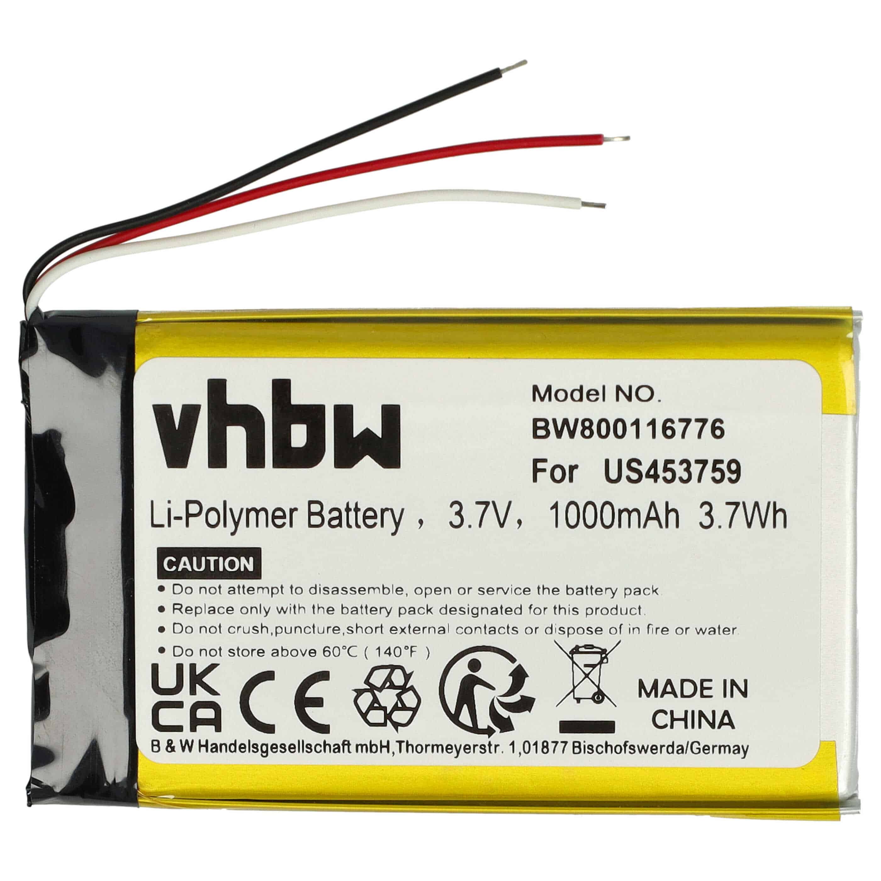 Batterie remplace Sony US453759 pour lecteur MP3 - 1000mAh 3,7V Li-polymère