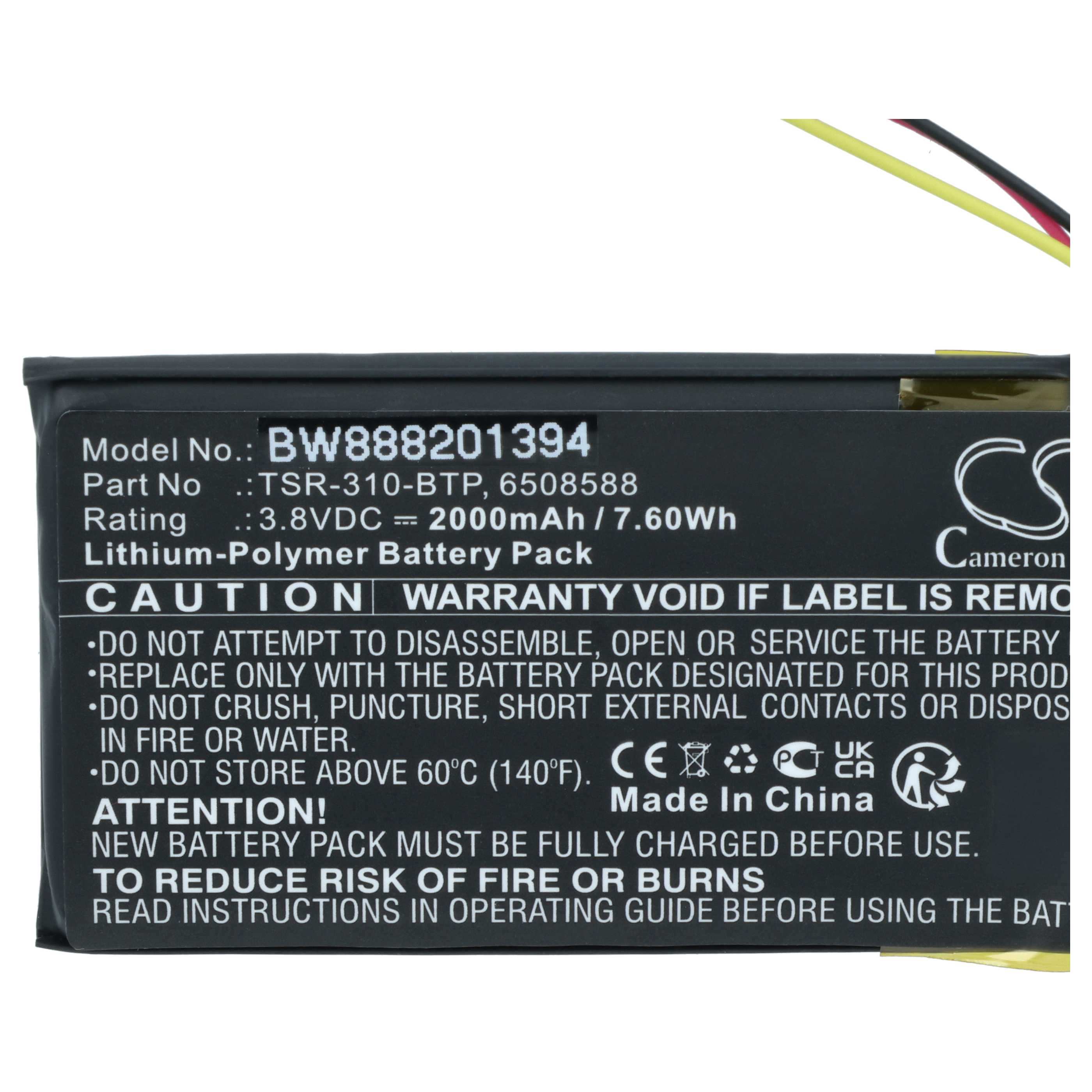 Handheld Computer Battery replaces Crestron 6508588, TSR-310-BTP - 2000mAh, 3.8V
