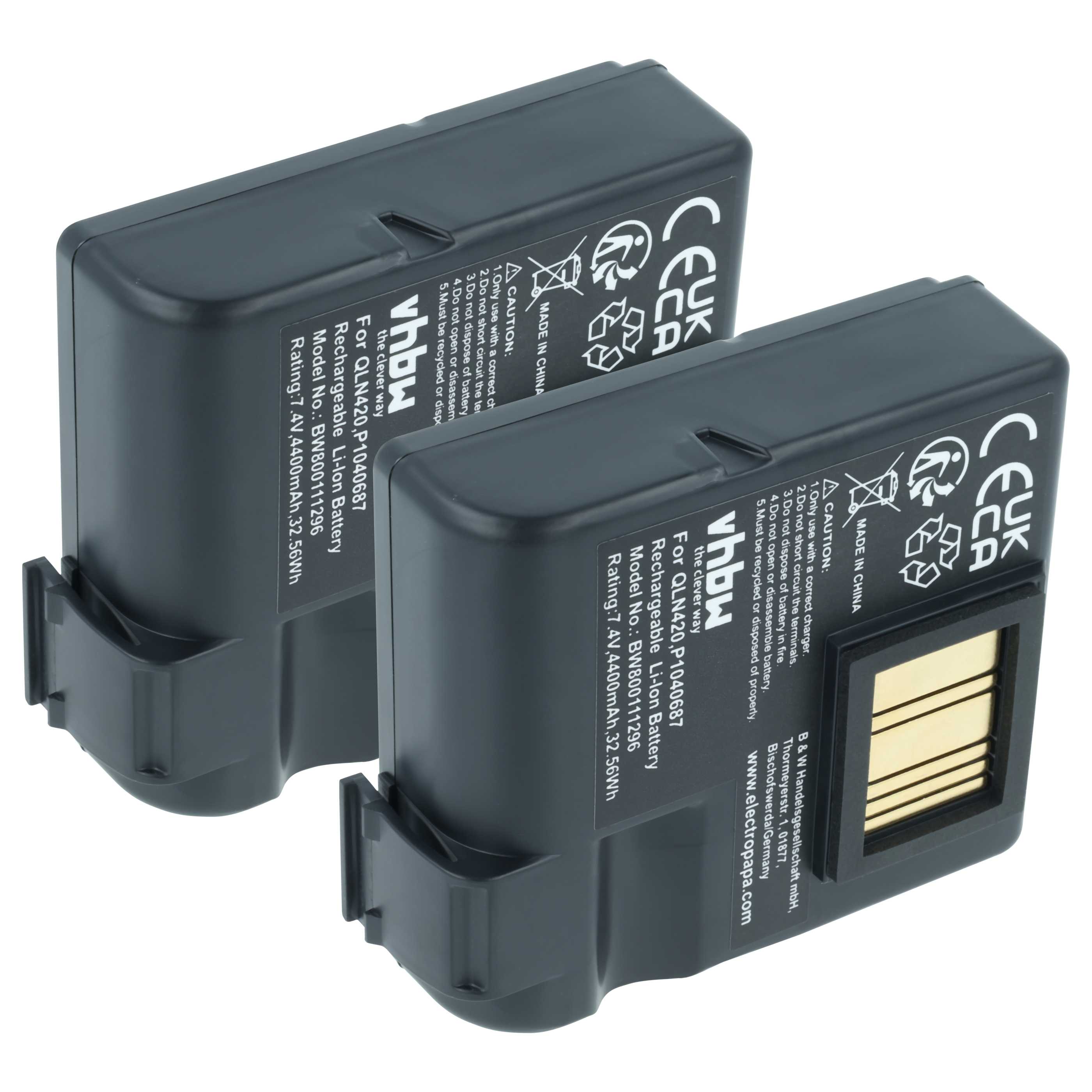 Printer 2x Battery replaces Zebra BTRY-MPP-68MA1-01, P1050667-016, P1040687 - 4400 mAh 7.4 V Li-Ion