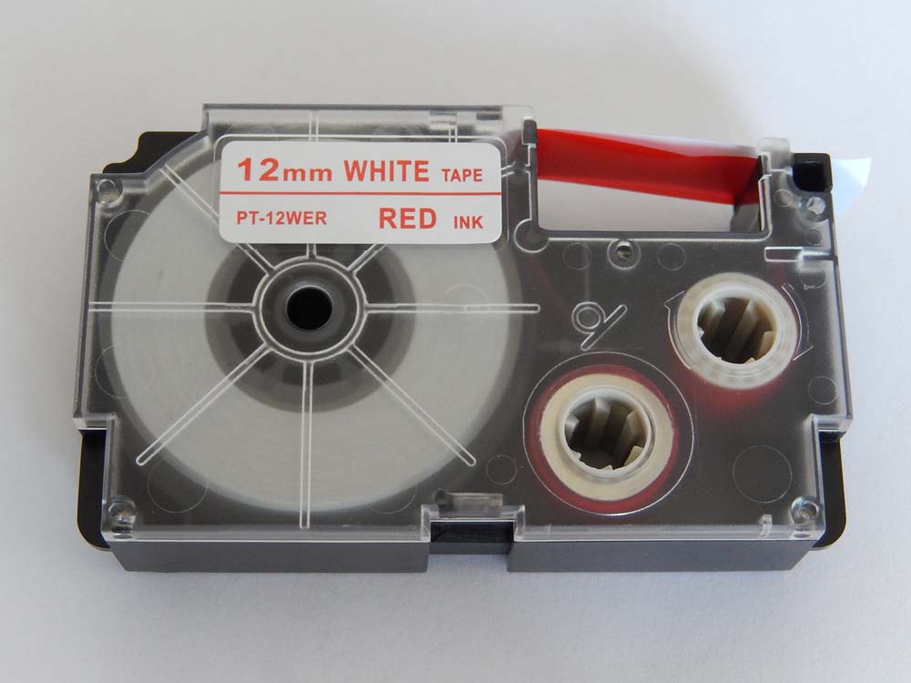 Taśma do etykiet zam. Casio XR-12WER1, XR-12WER - 12mm, napis czerwony / taśma biała