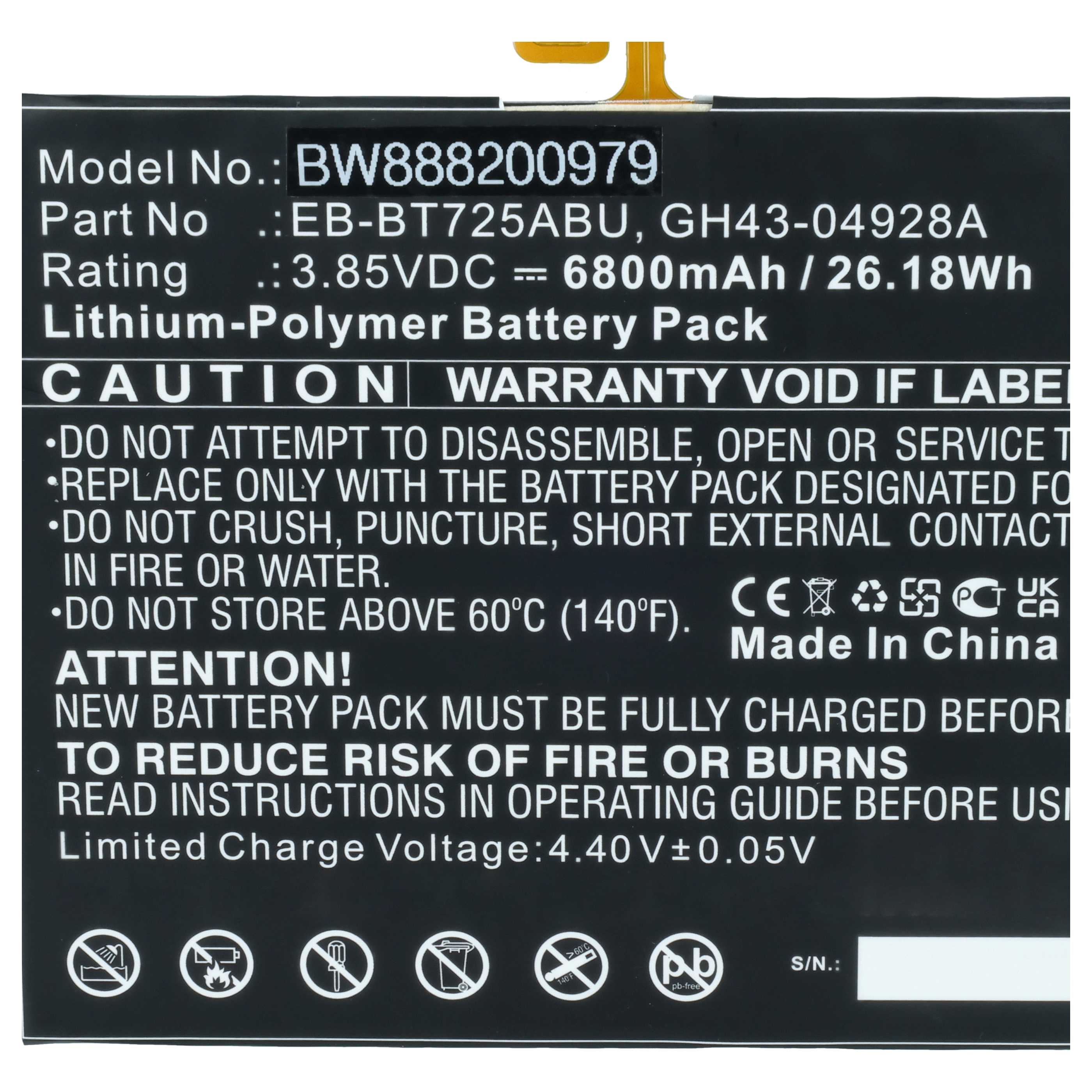 Tablet Battery replaces Samsung EB-BT725ABU, GH43-04928A - 6800 mAh 3.85 V Li-polymer