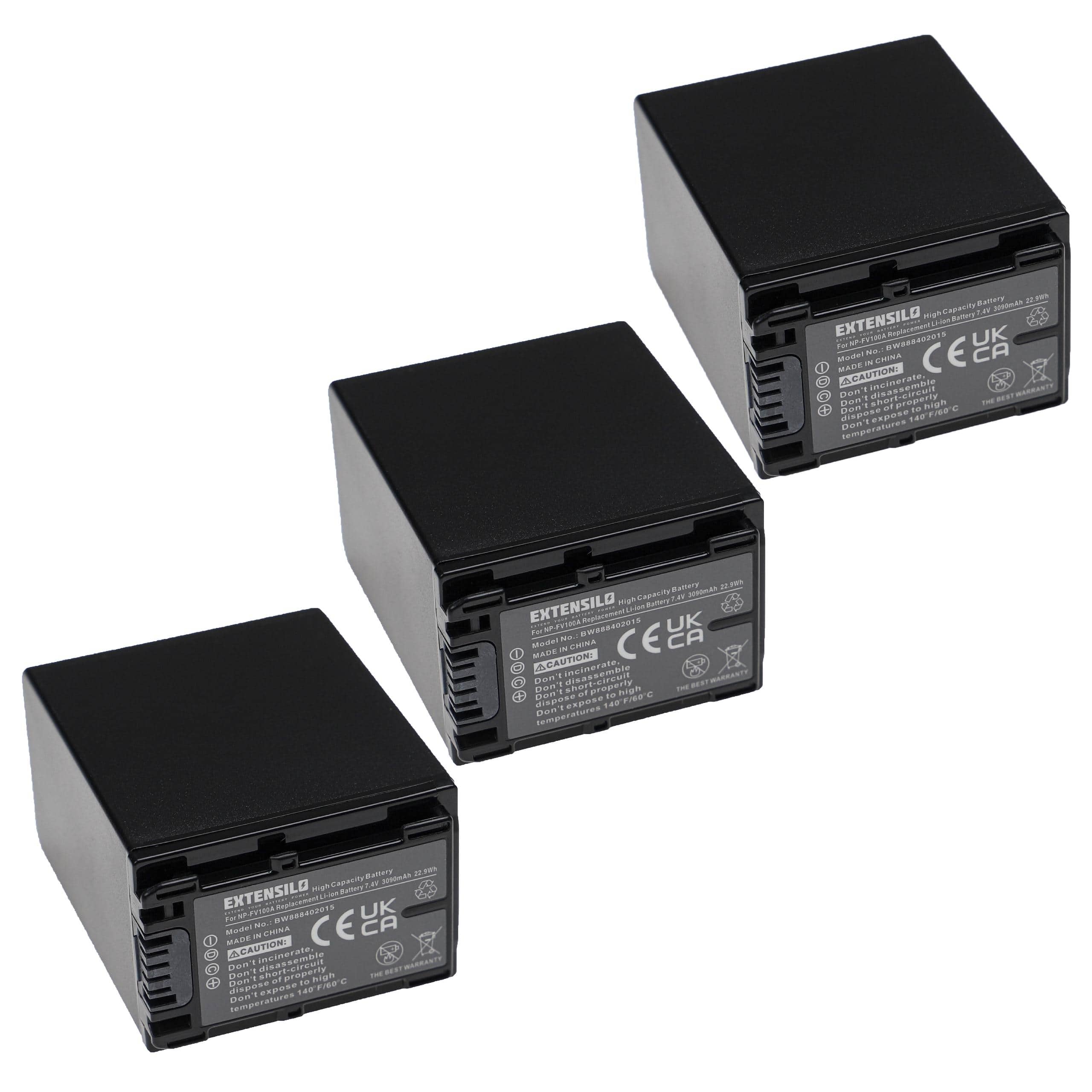 3x Battery replaces Sony NP-FV100A, NP-FV100, NP-FV90 - 3090mAh, 7.4V, Li-Ion