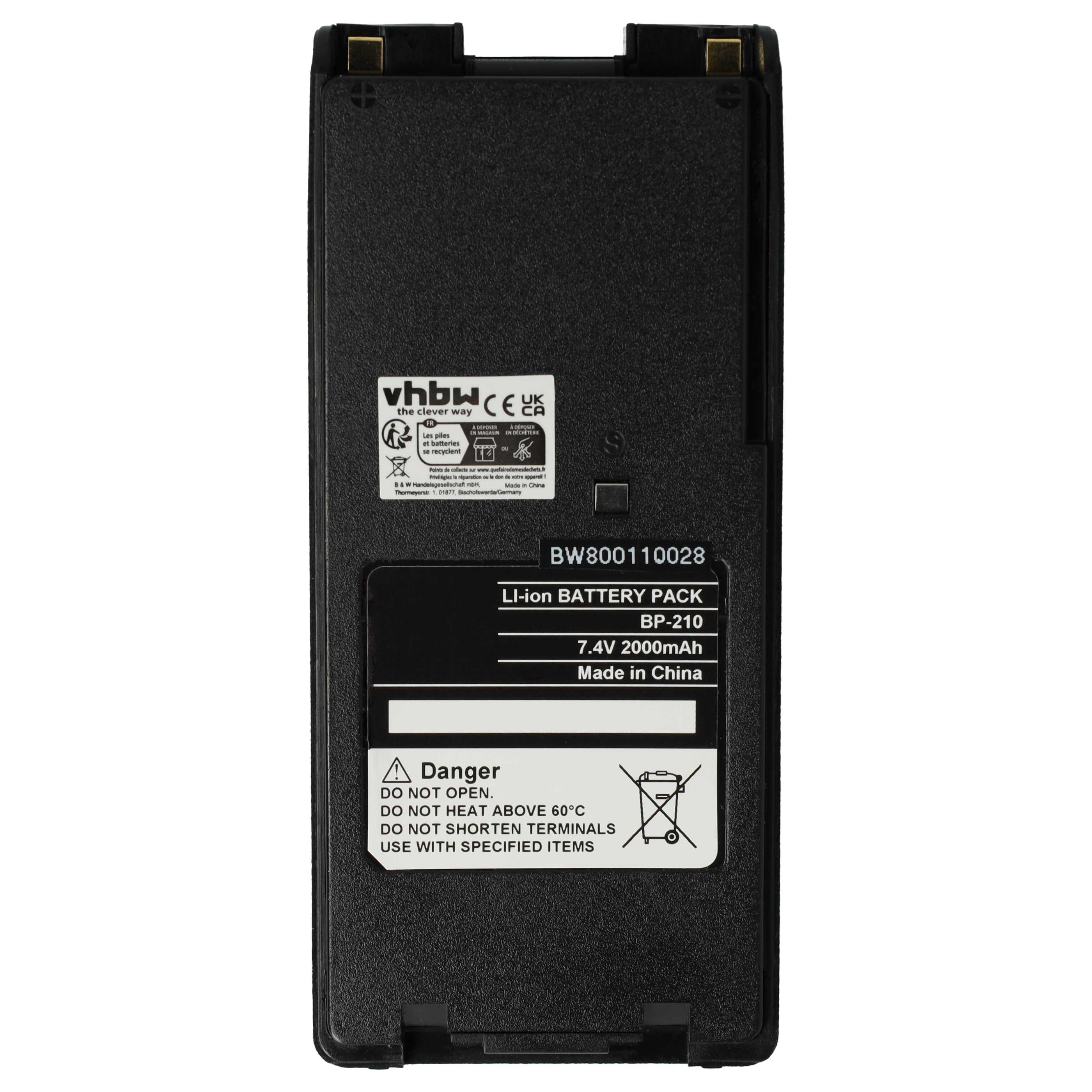 Radio Battery replaces Icom BP-211, BP-210N, BP-210, BP-209N, BP-209 - 2000 mAh 7.4 V Li-Ion + Belt Clip