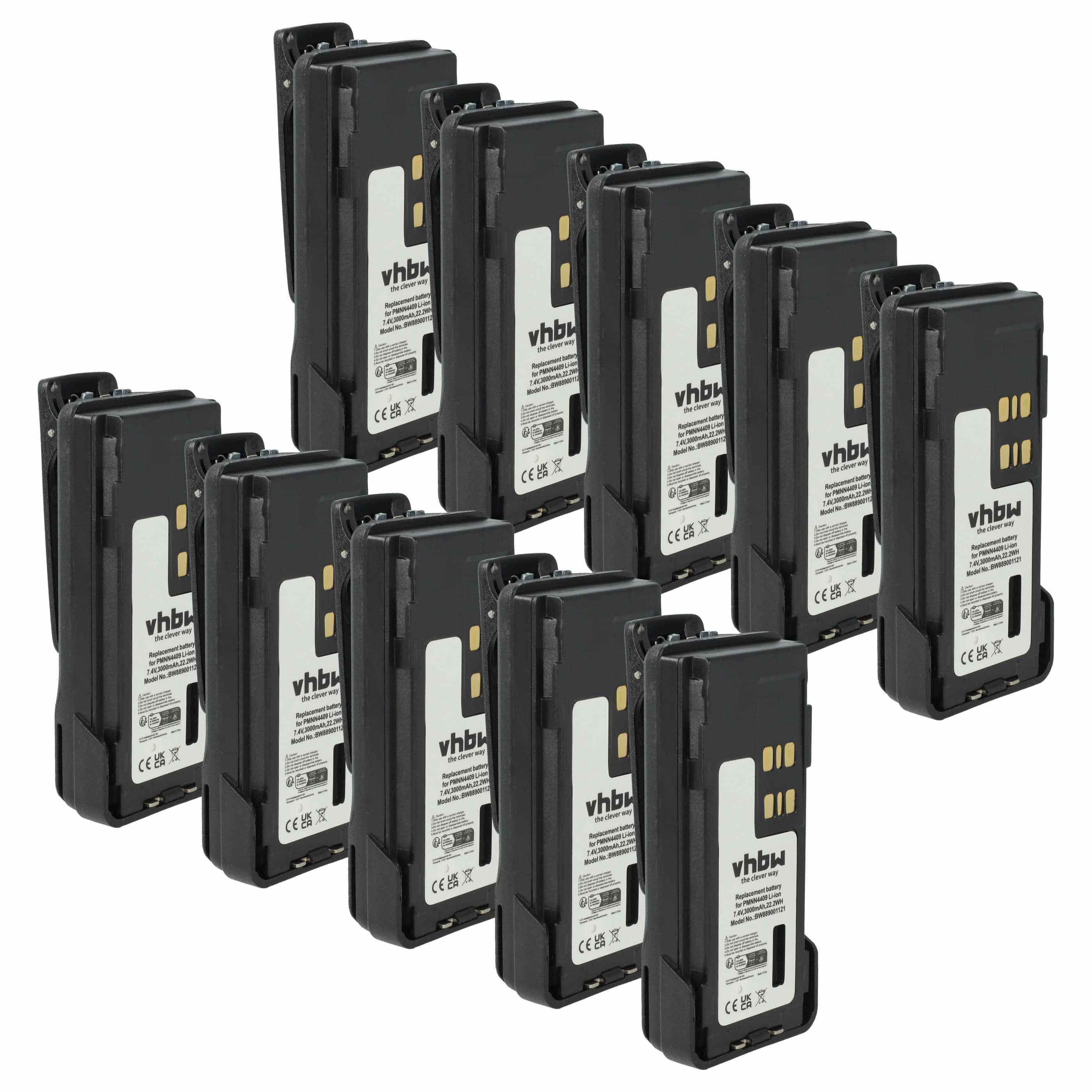 Radio 10x Battery replaces Motorola PMNN4406, PMNN4406BR, PMNN4409 - 3000 mAh 7.4 V Li-Ion + Belt Clip
