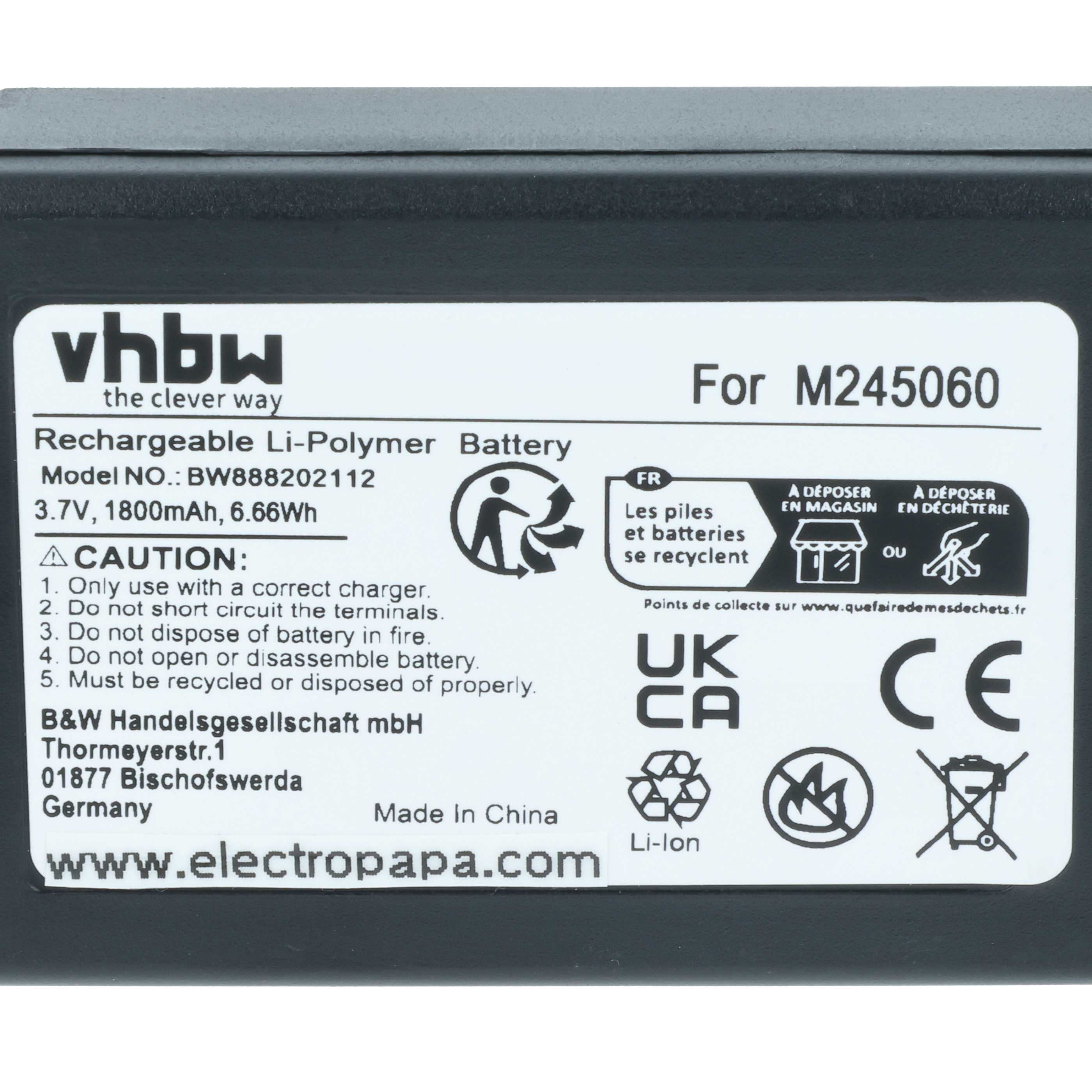 Batería reemplaza Teleradio M245060, 22.381.2, D00004-02 sistema control - 1800mAh 3,7V Li-Polímero