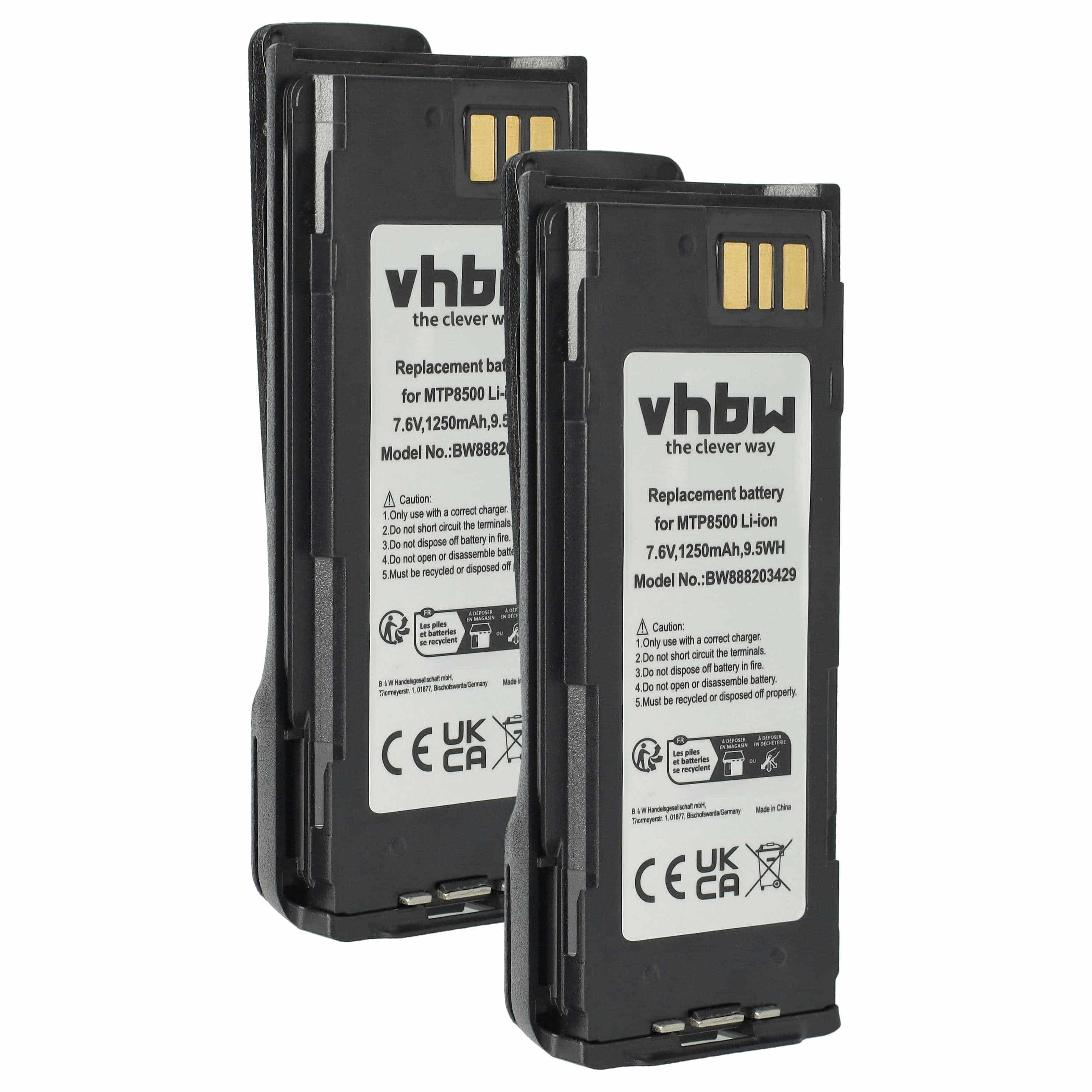 Radio 2x Battery replaces Motorola NNTN8570B, NNTN8570A, NNTN8570 - 1250 mAh 7.6 V Li-Ion + Belt Clip