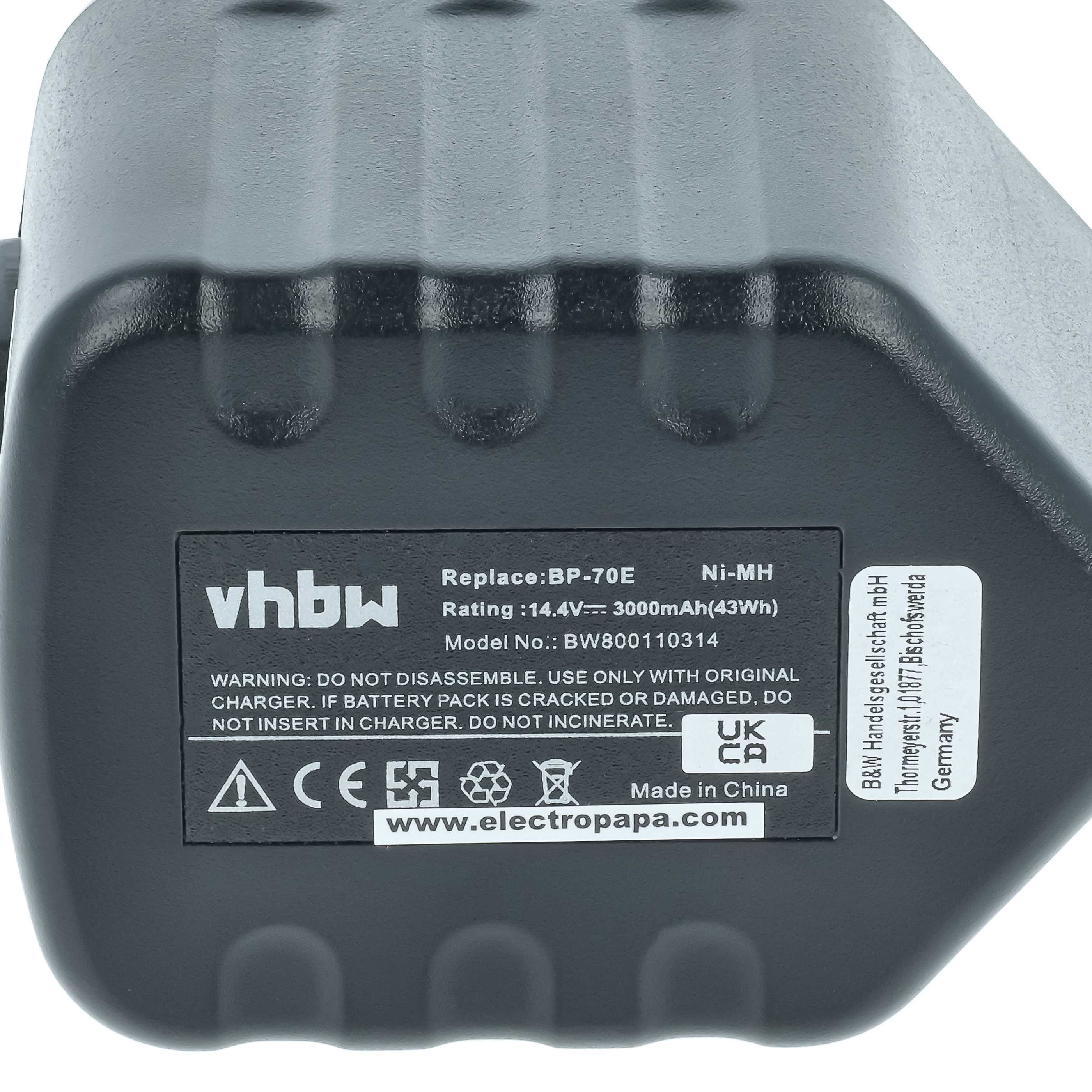 Battery replaces Huskie BP-70E, BP-70I, BP-70EI, BP-70R Electric Power Tool - 3000 mAh, 14.4 V, NiMH