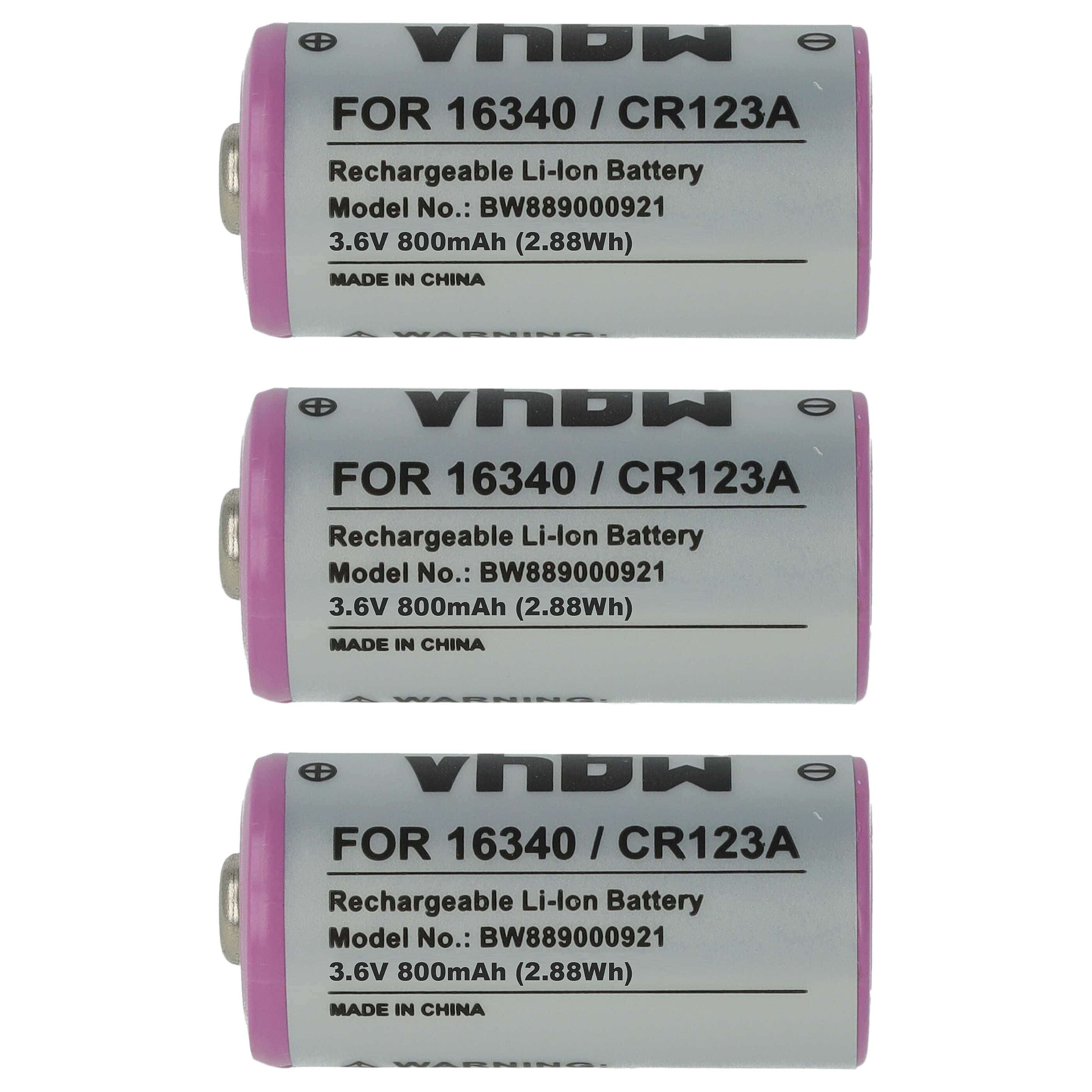 Batteries (3x pièces) remplace 16340, CR123R, CR17335, CR123A universelle - 800mAh 3,6V Li-ion, 1x cellules
