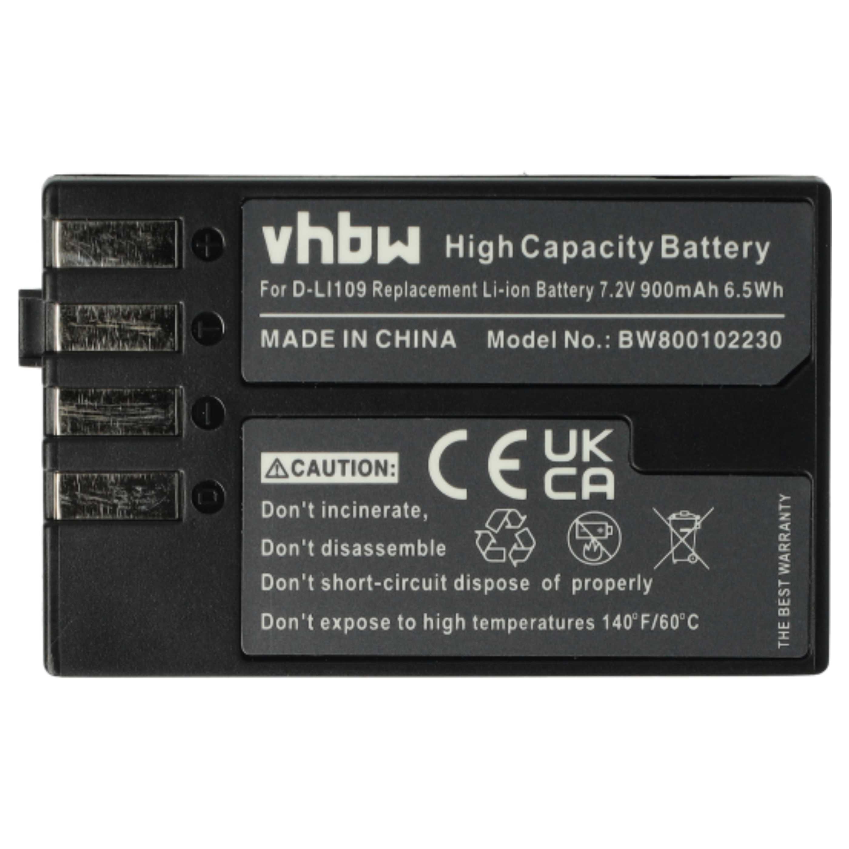 2x Battery replaces Pentax D-Li109 - 900mAh, 7.2V, Li-Ion