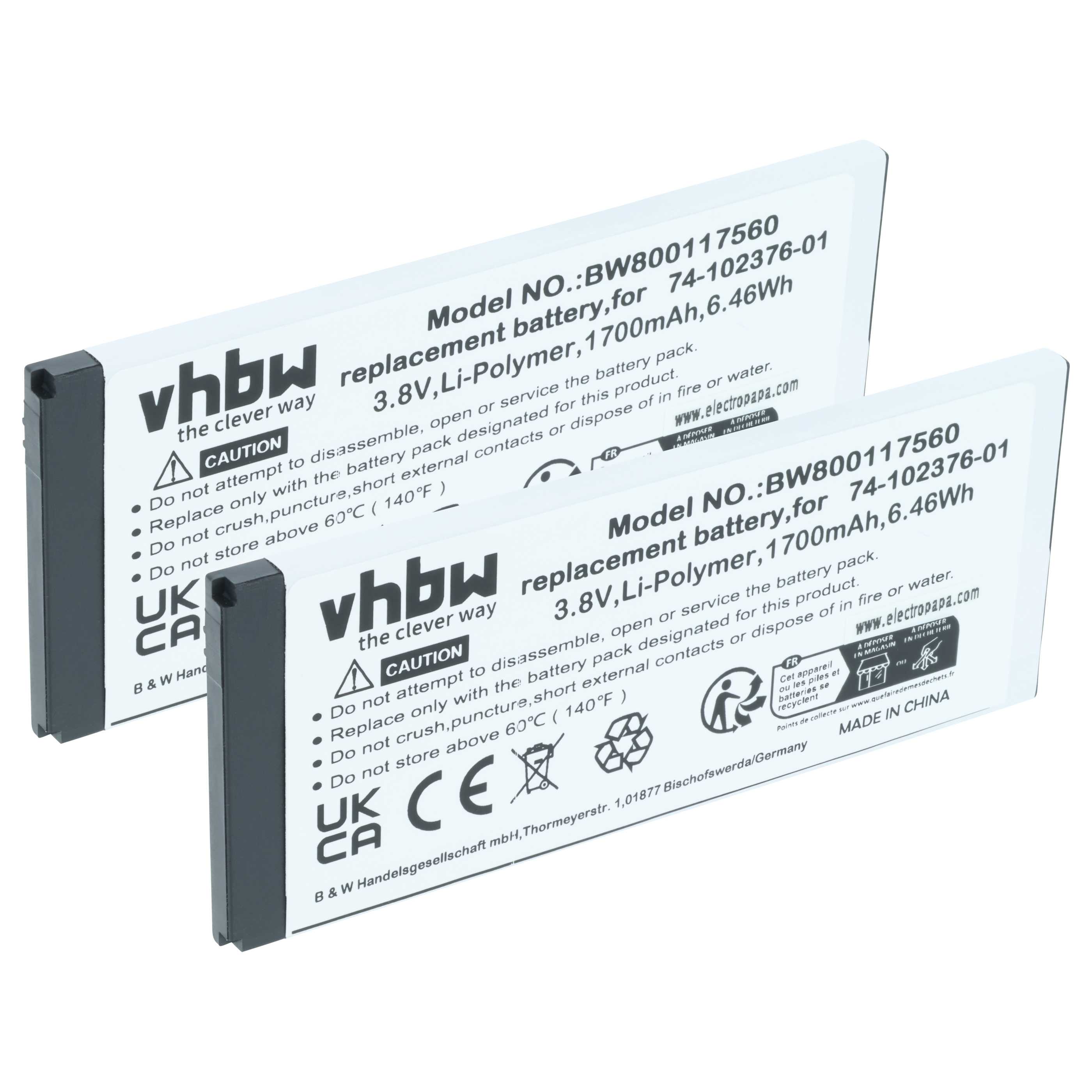 2x Batteries remplace Cisco CP-BATT-8821, 74-102376-01 pour téléphone Cisco - 1700mAh 3,8V Li-polymère