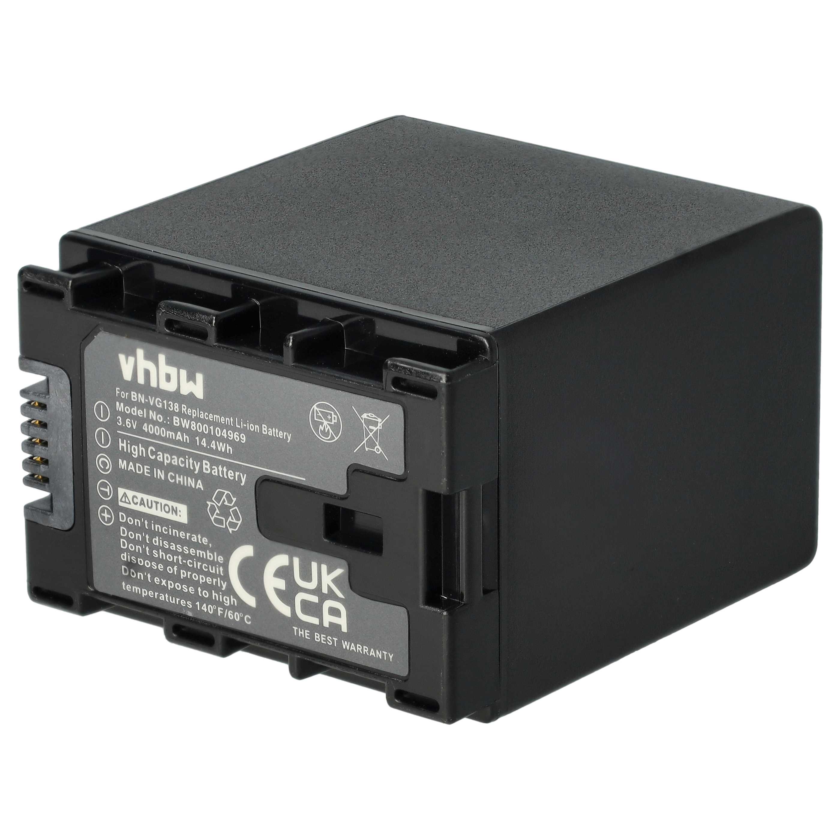 Videocamera Battery replaces JVC BN-VG138SU, BN-VG138, BN-VG138E, BN-VG138AC - 4000 mAh 3.6 V Li-Ion