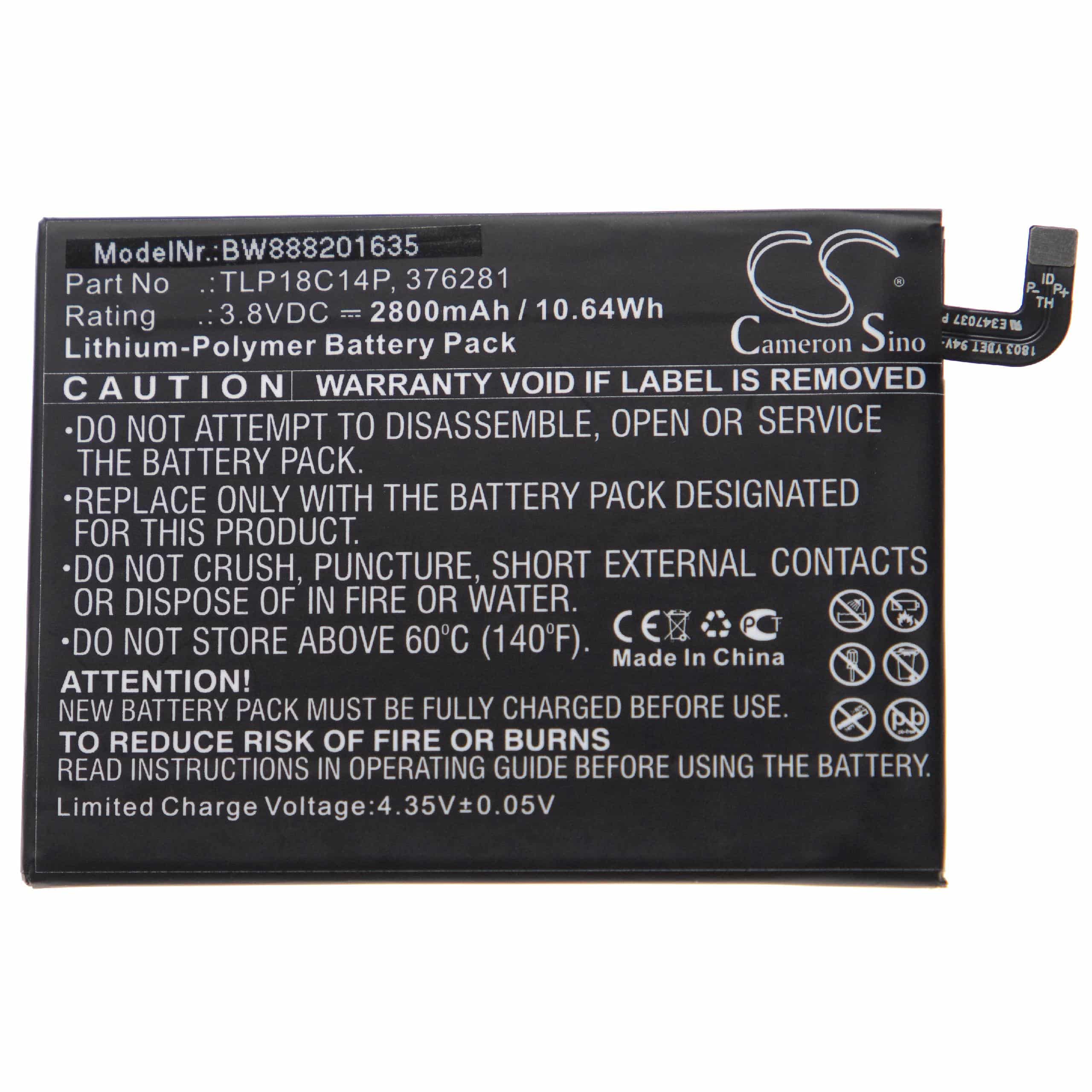 Batterie remplace Wiko 376281, TLP18C14P pour téléphone portable - 2800mAh, 3,8V, Li-polymère