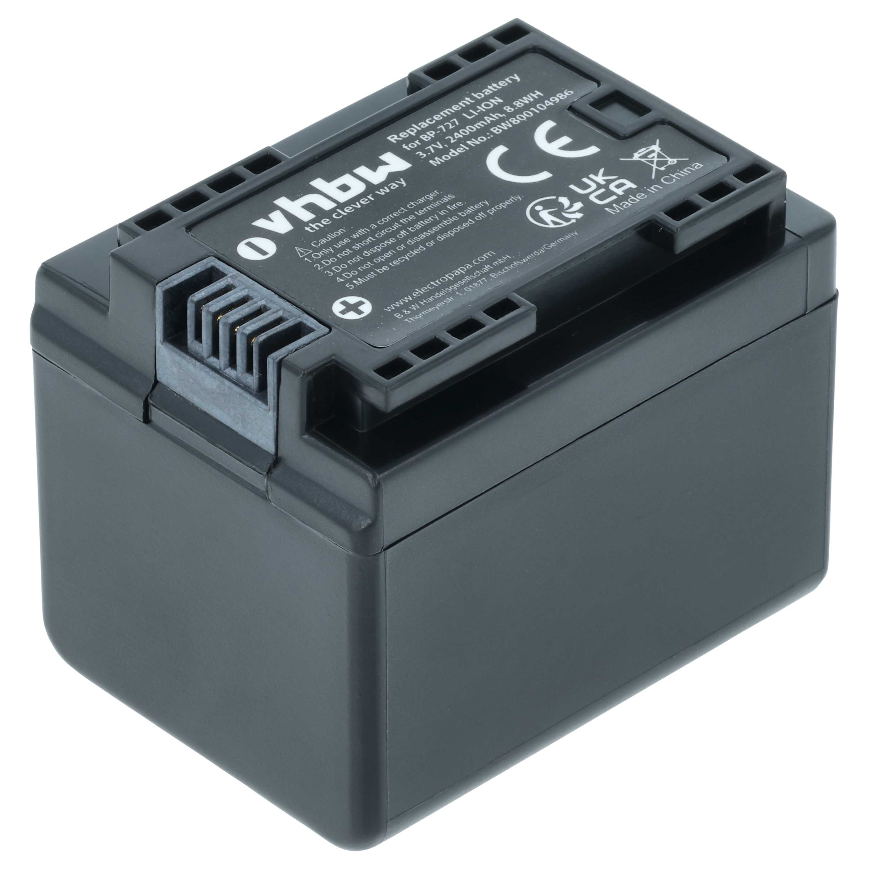Batteria per videocamera sostituisce Canon BP-727 - 2400mAh 3,6V Li-Ion con infochip