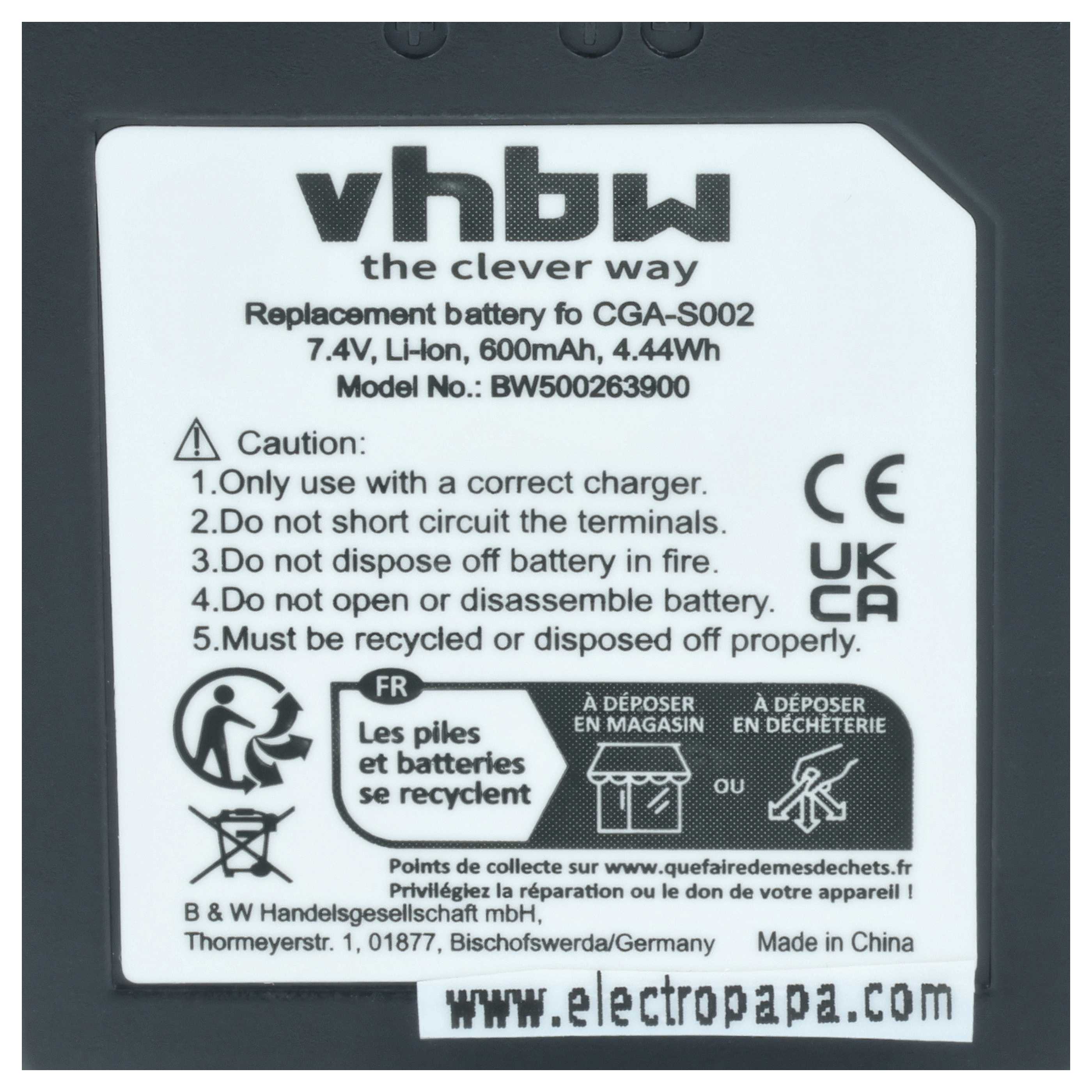 Battery replaces Panasonic CGA-S002A/1B, CGA-S002E/1B - 550mAh, 7.2V, Li-Ion