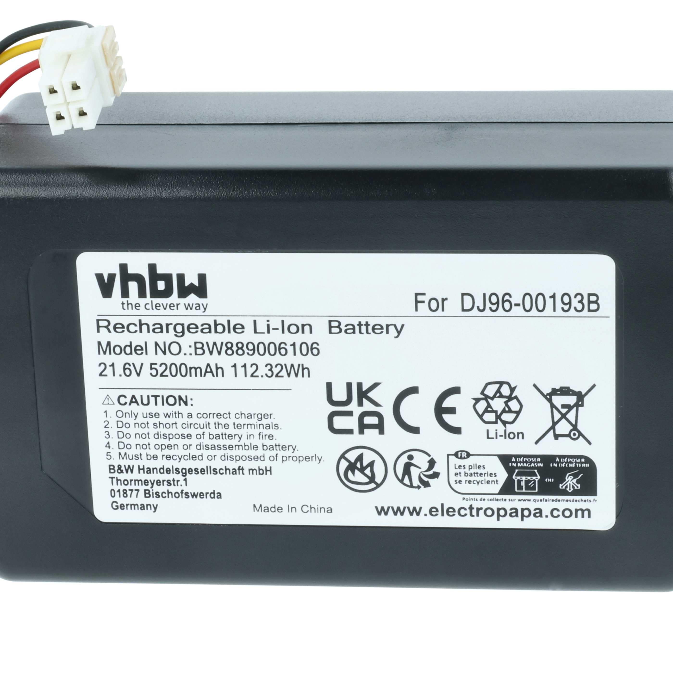 Battery replaces Samsung DJ96-00193F, DJ96-00193B, DJ68-00741V-00, VCA-RBT72 for Samsung 5200mAh, 21.6V, Li-Ion