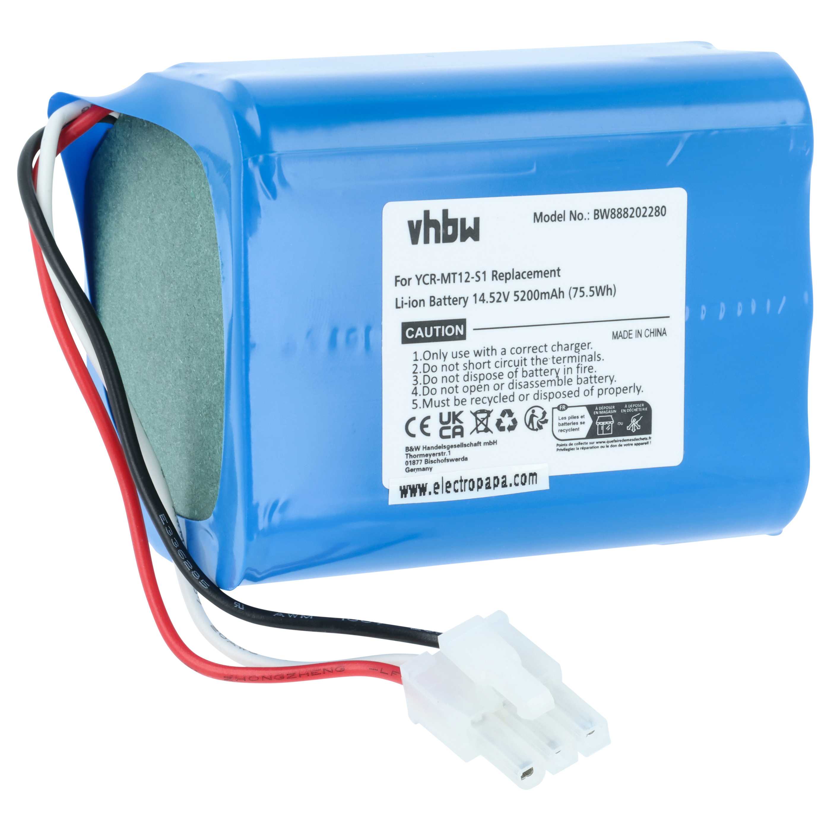 Battery replaces iClebo YCR-MT12-S1, YCR-M07-20W for iClebo etc. 5200mAh, 14.52V, Li-Ion