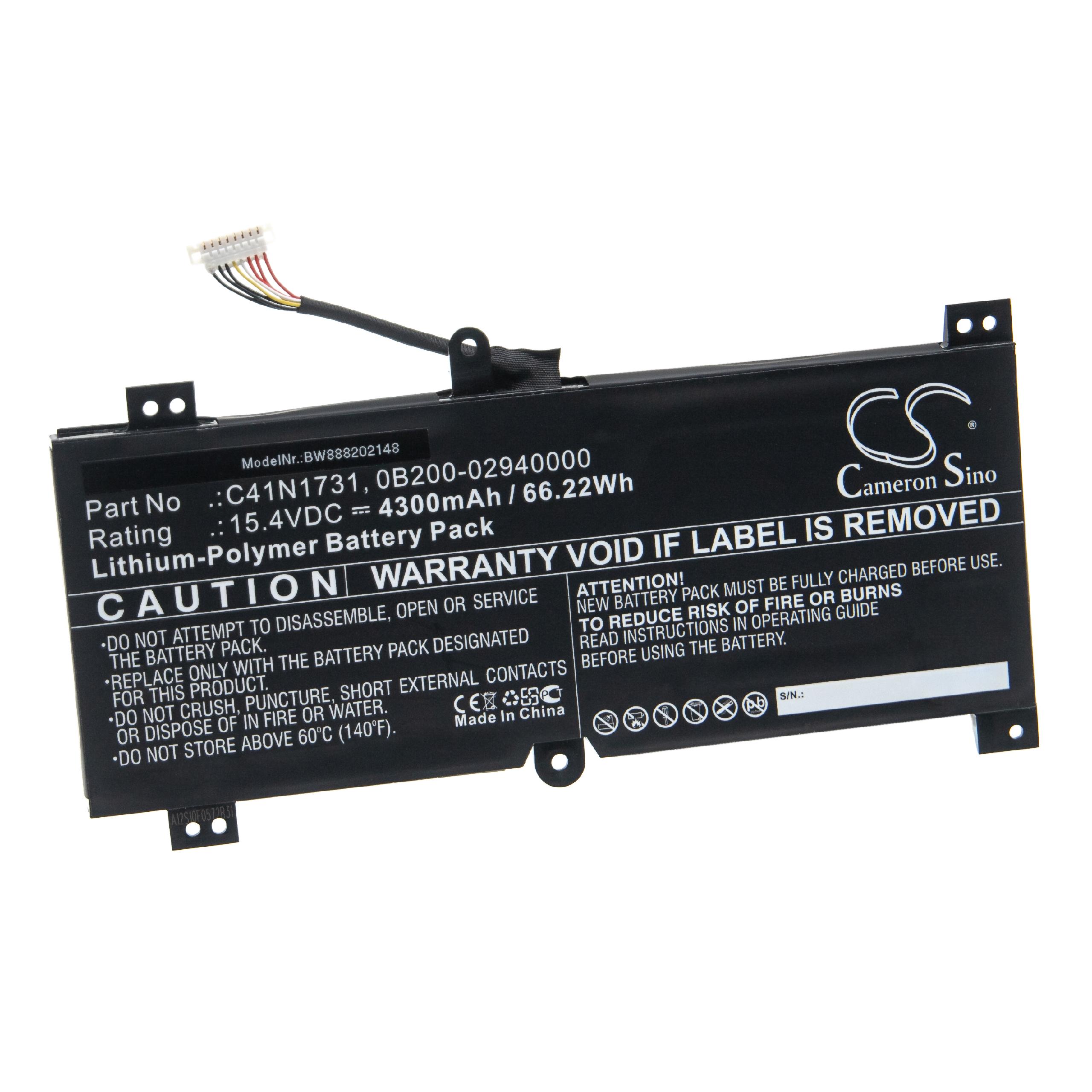 Notebook Battery Replacement for Asus C41N1731, 0B200-02940000 - 4300mAh 15.4V Li-polymer