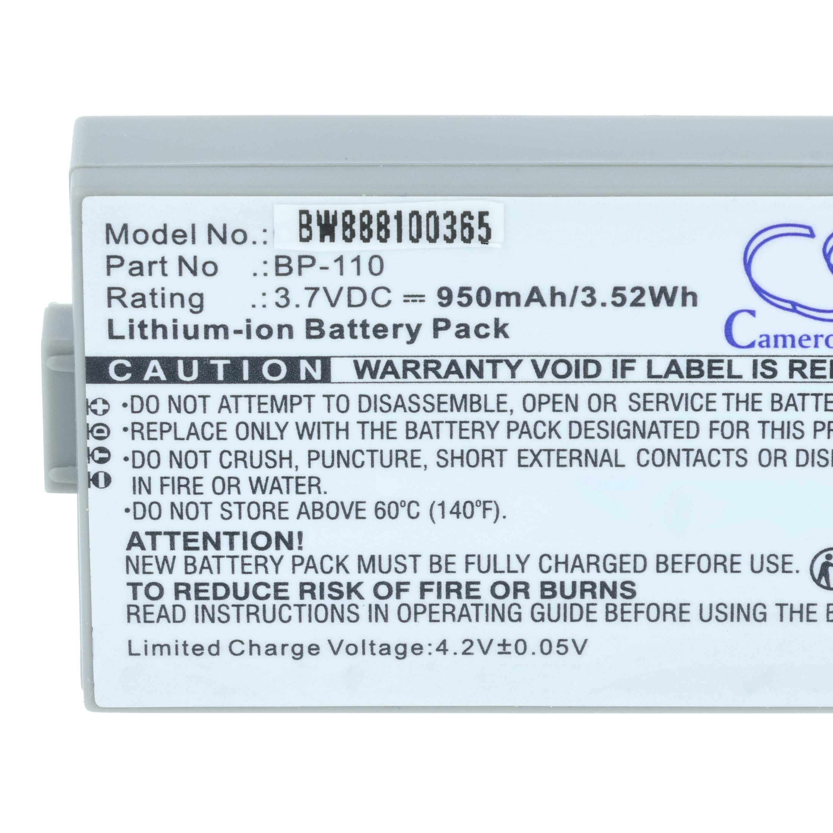 Batteria per videocamera sostituisce Canon BP-110 - 950mAh 3,7V Li-Ion con infochip