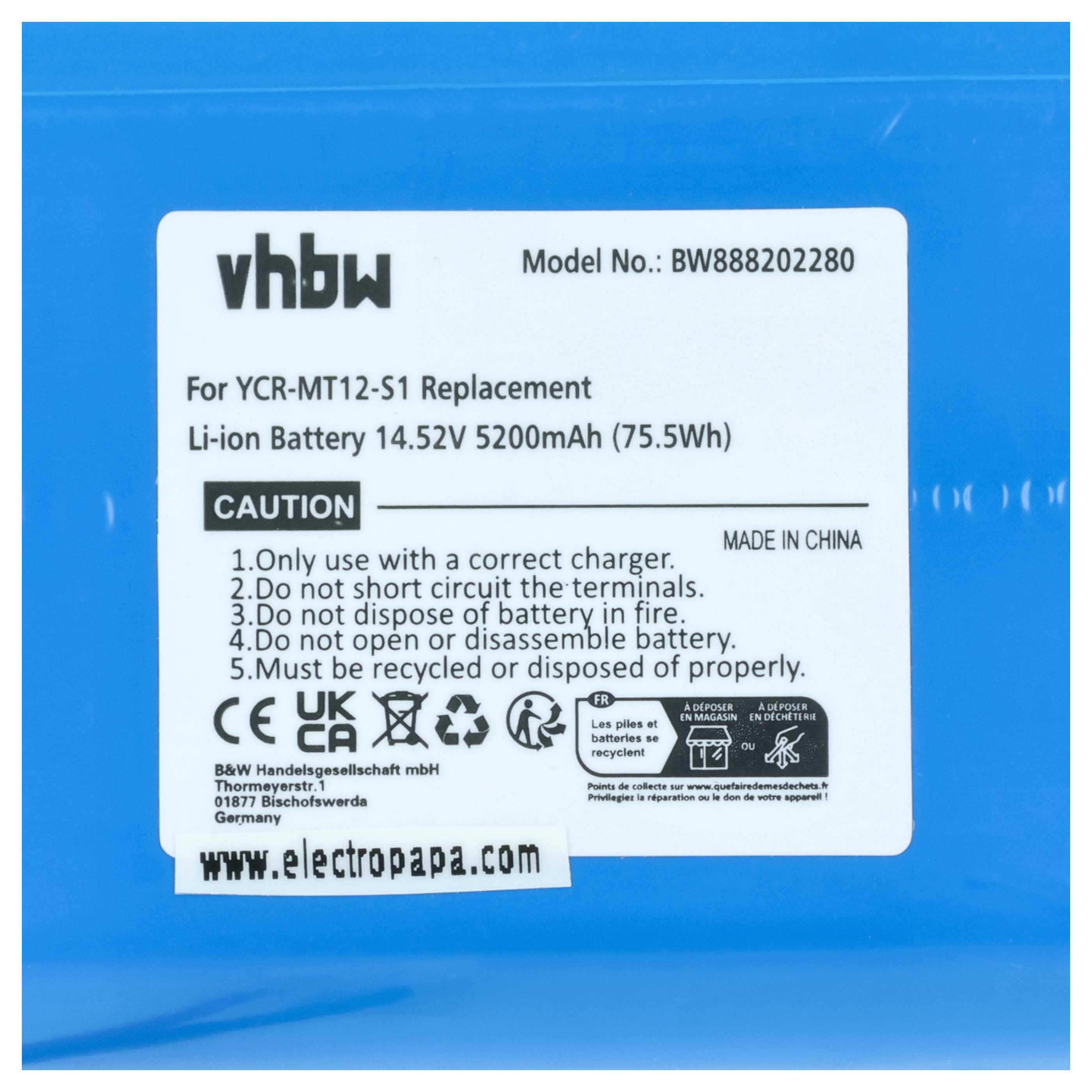 Battery replaces iClebo YCR-MT12-S1, YCR-M07-20W for iClebo etc. 5200mAh, 14.52V, Li-Ion