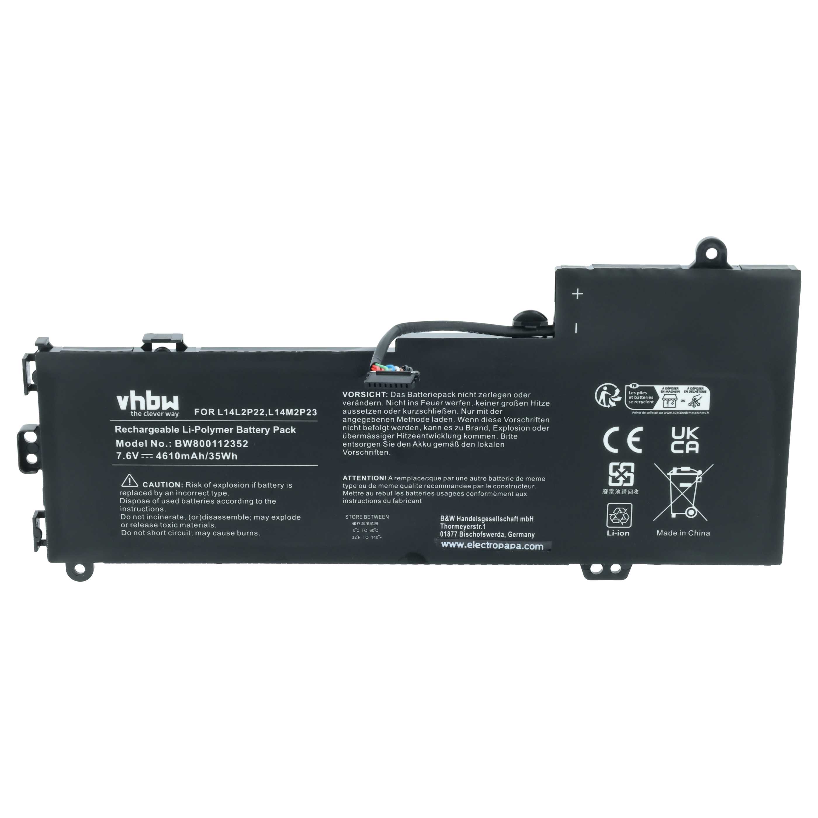Notebook-Akku als Ersatz für Lenovo L14M2P24, L14L2P22, L14S2P22 - 4610mAh 7,6V Li-Polymer, schwarz