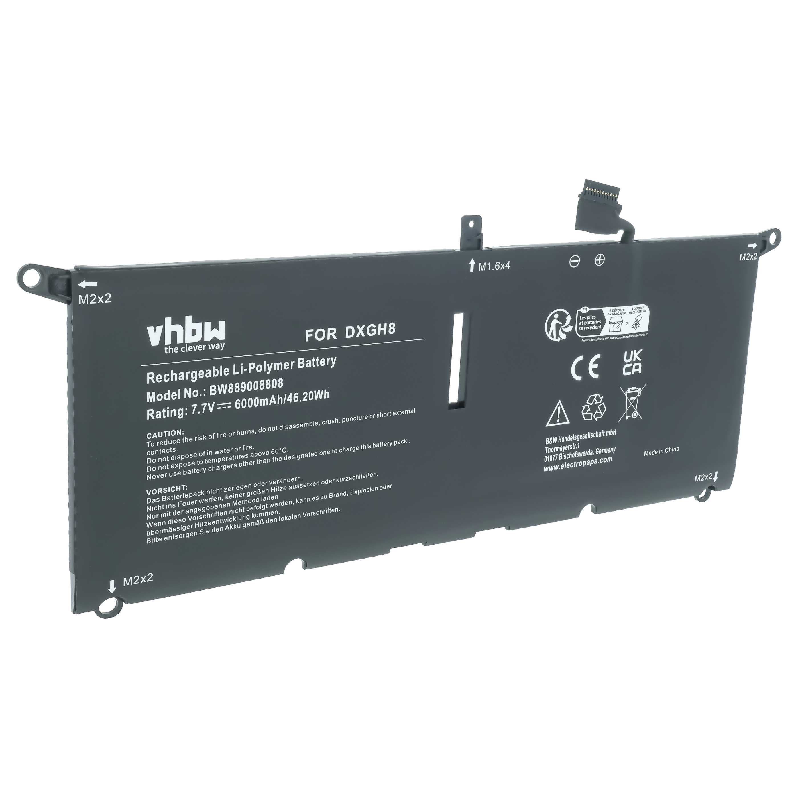 Batería recargable reemplaza Dell DXGH8, G8VCF, 0H754V para notebook - 6000 mAh 7,7 V Li-Polímero