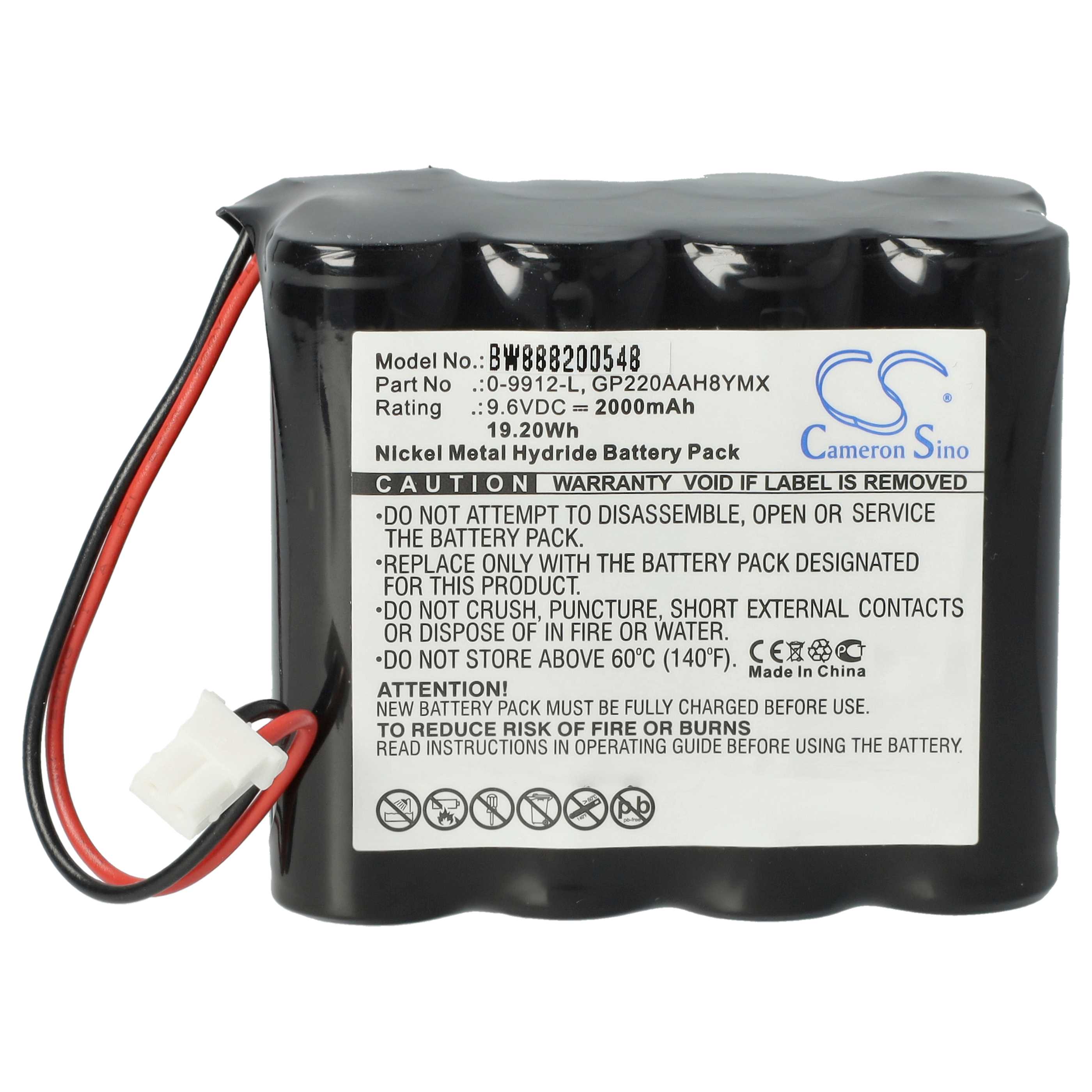 Alarm System Battery replaces Visonic GP220AAH8YMX, 0-9912-L - 2000 mAh 9.6 V NiMH