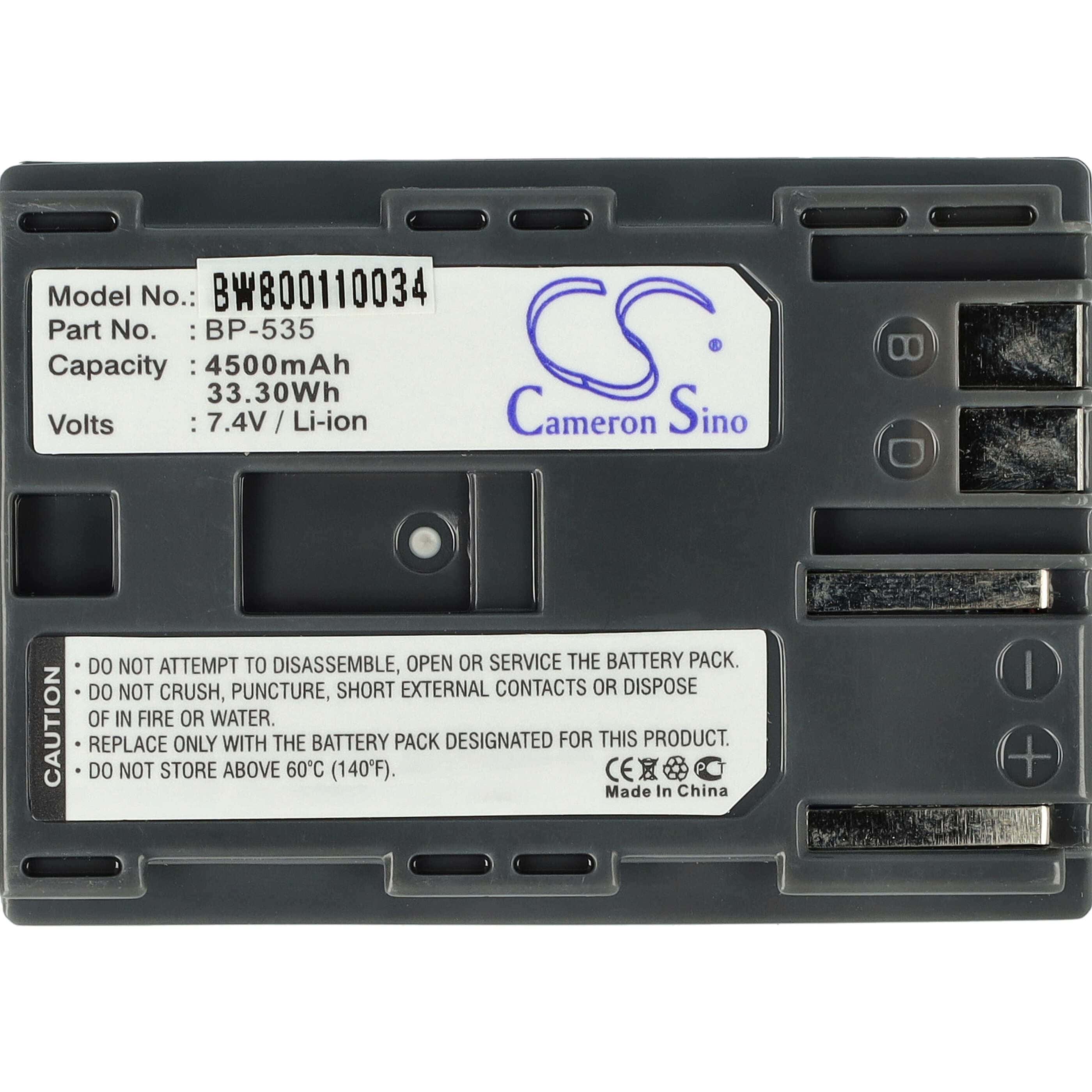 Videocamera Battery Replacement for Canon BP-535 - 4500mAh 7.4V Li-Ion