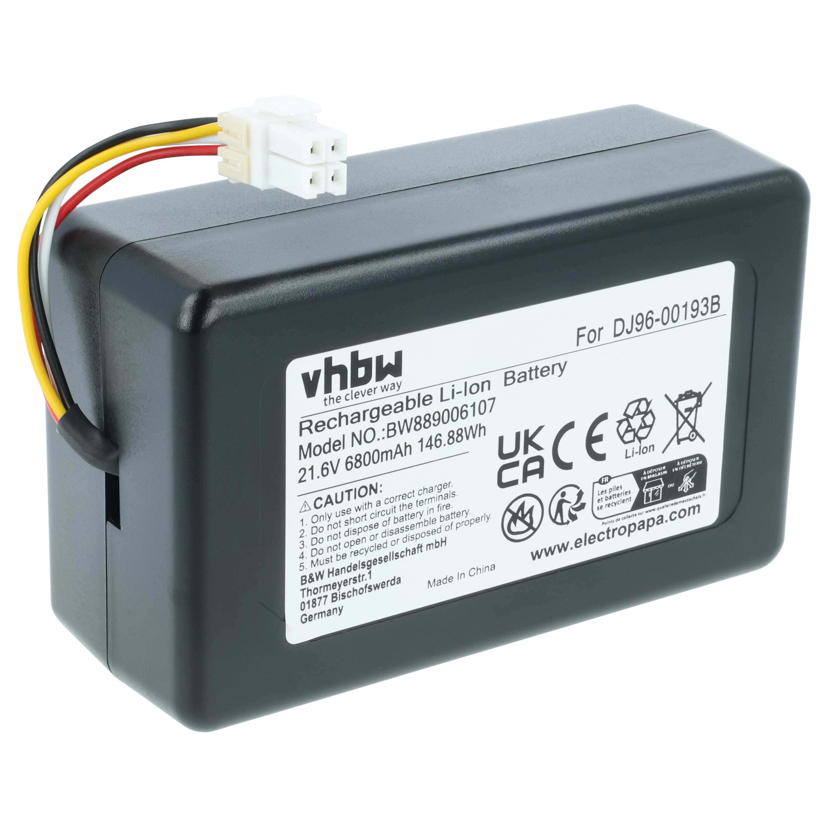 Battery replaces Samsung DJ96-00193F, DJ96-00193B, DJ68-00741V-00, VCA-RBT72 for Samsung 6800mAh, 21.6V, Li-Ion