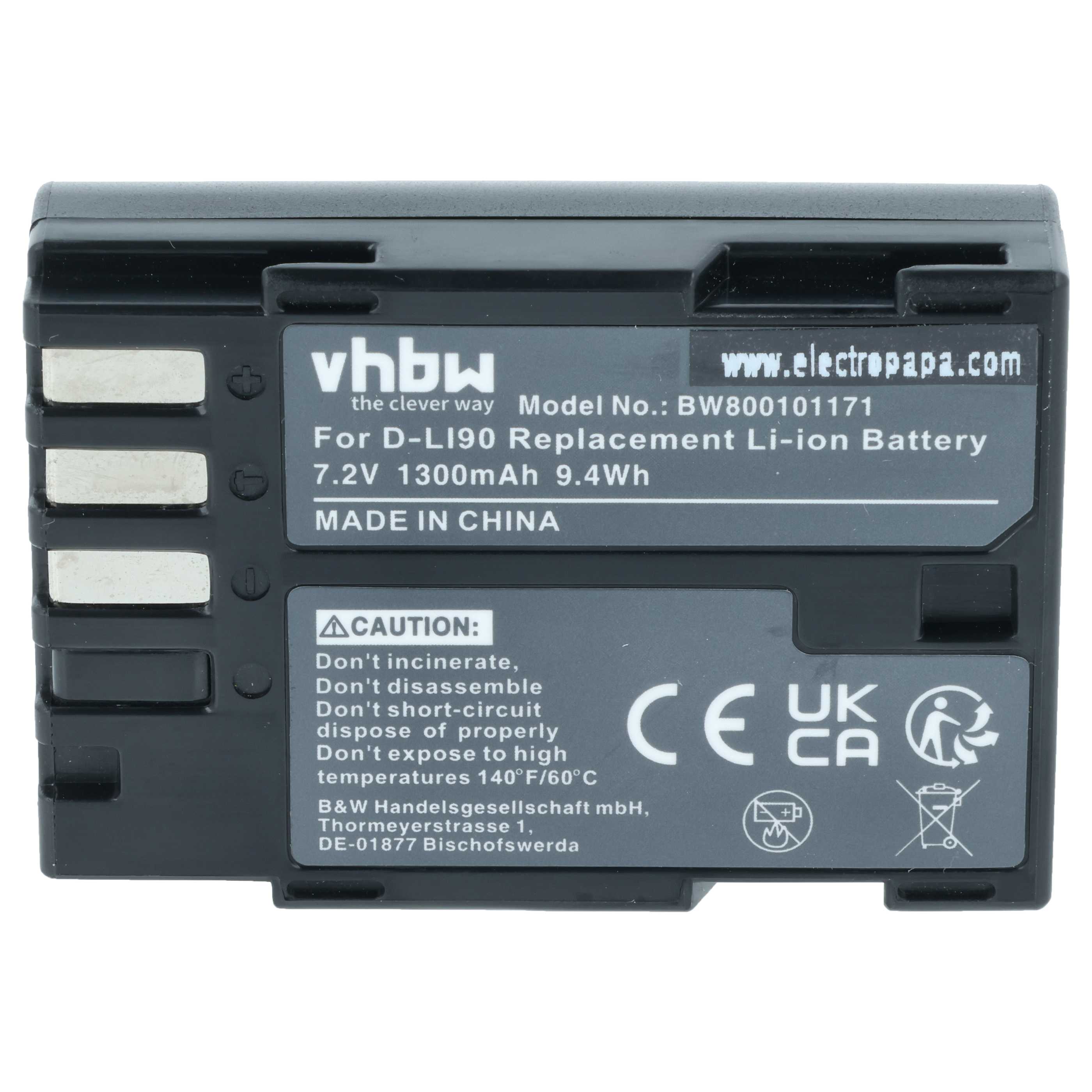 Battery replaces Pentax D-Li90 - 1300mAh, 7.2V, Li-Ion