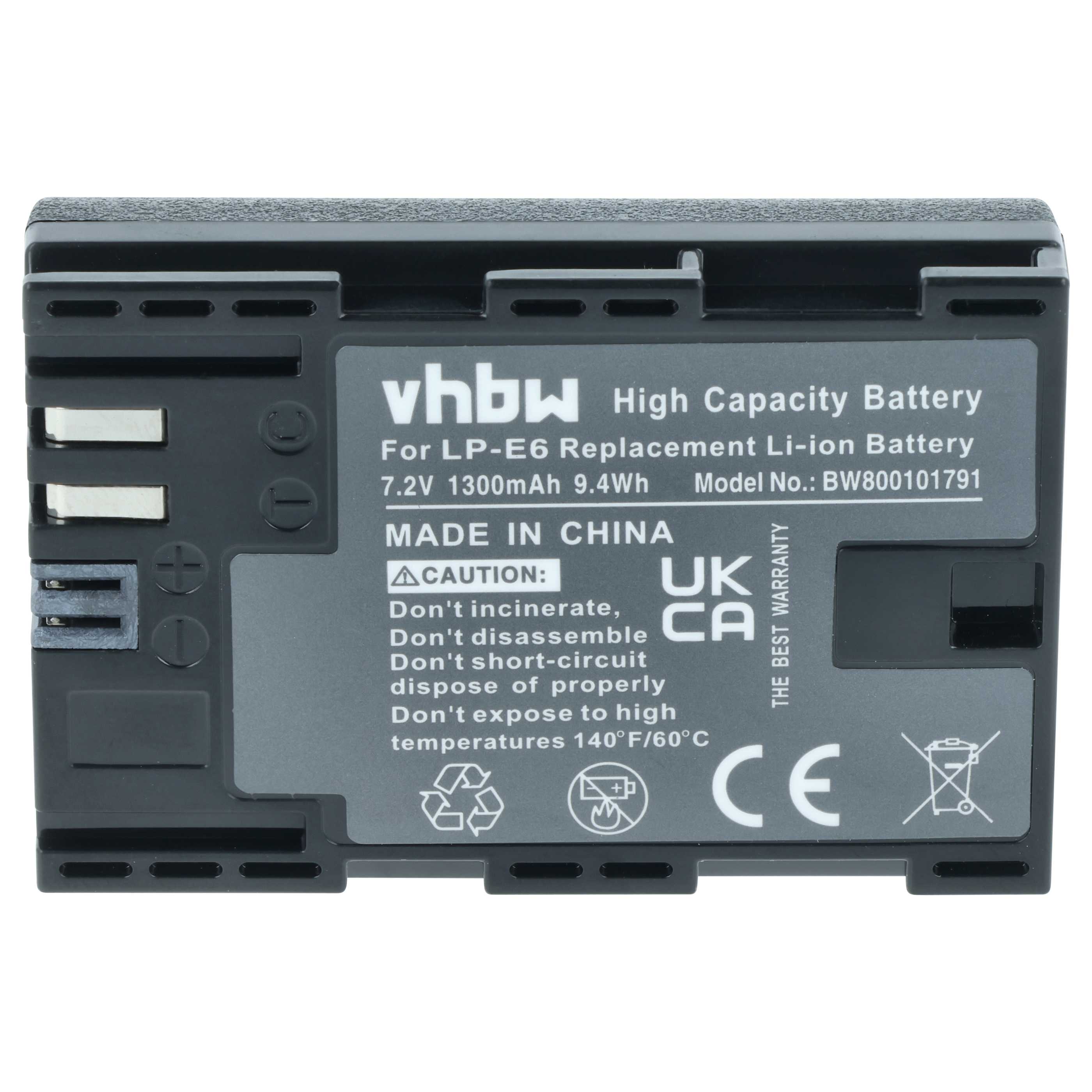 Batteria sostituisce Canon LP-E6 per fotocamera - 1300mAh 7,4V Li-Ion + chip