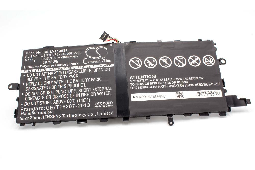 Batterie remplace Lenovo 00HW04, 00HW044, 00HW045, 00HW046 pour tablette - 4900mAh 7,5V Li-polymère
