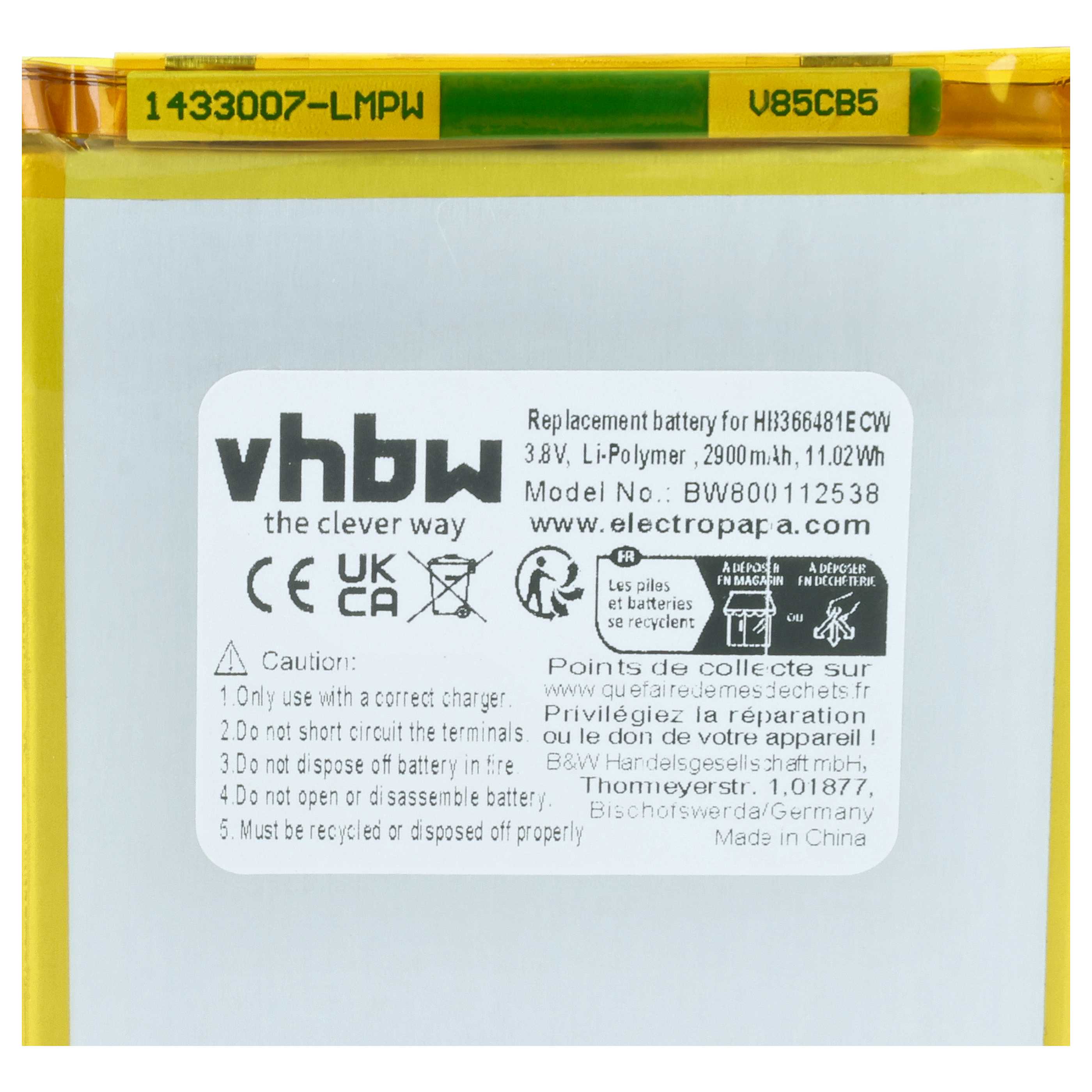 Batteria sostituisce Huawei HB366481ECW per cellulare - 2900mAh 3,8V Li-Poly 