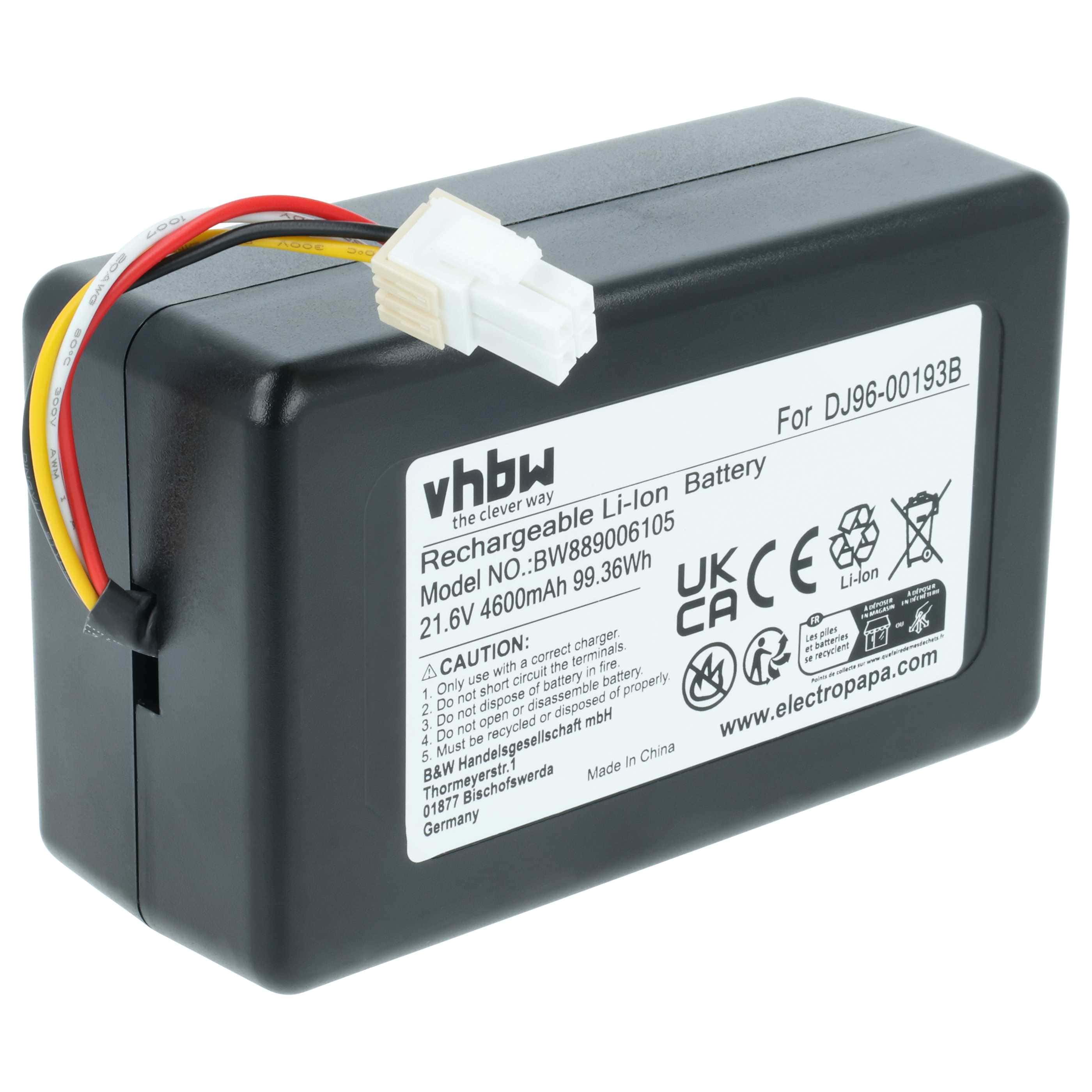 Battery replaces Samsung DJ96-00193F, DJ96-00193B, DJ68-00741V-00, VCA-RBT72 for Samsung 4600mAh, 21.6V, Li-Ion