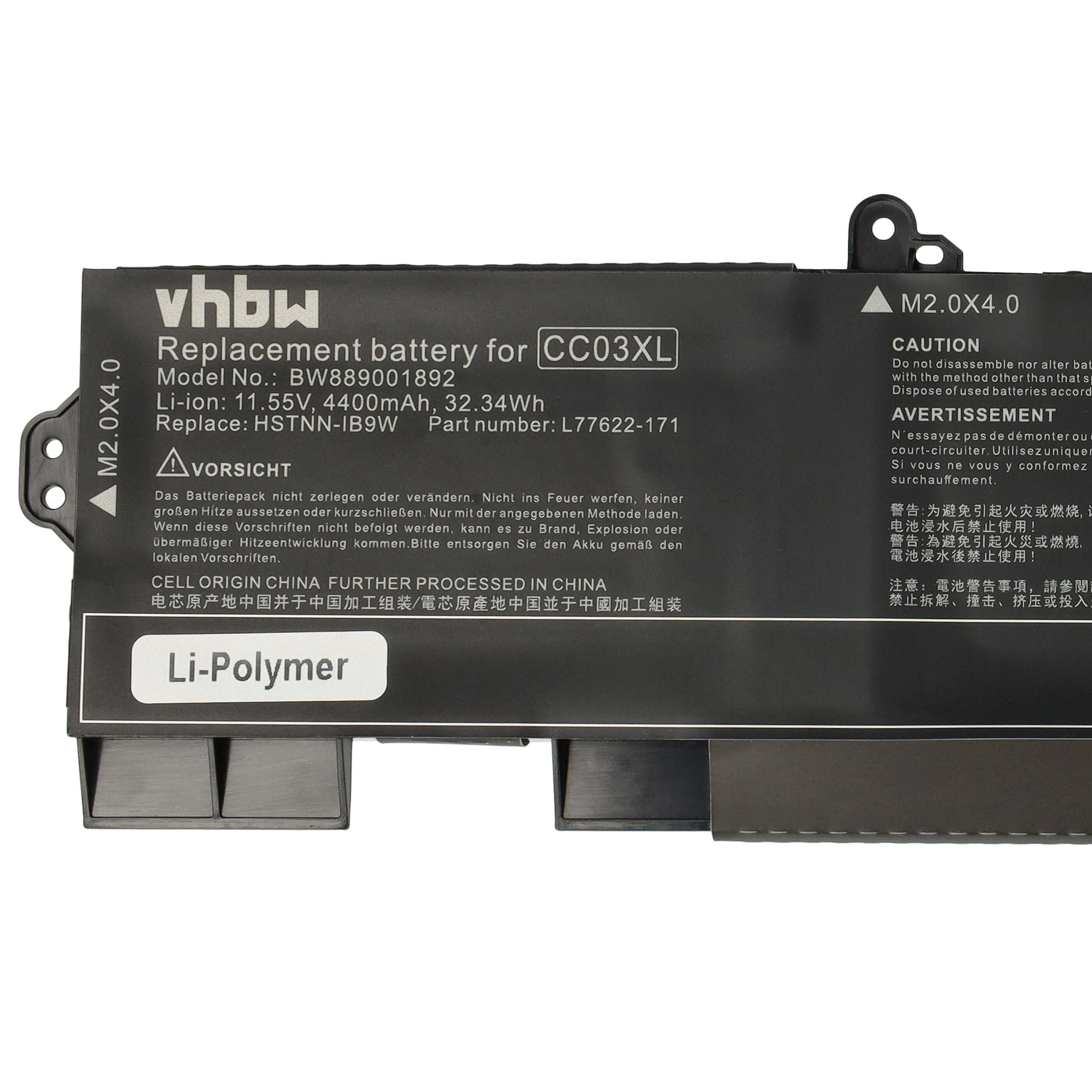 Notebook Battery Replacement for HP CC03XL (Typ B), CC03056XL-PL, CC03056XL - 4400 mAh 11.55 V Li-polymer