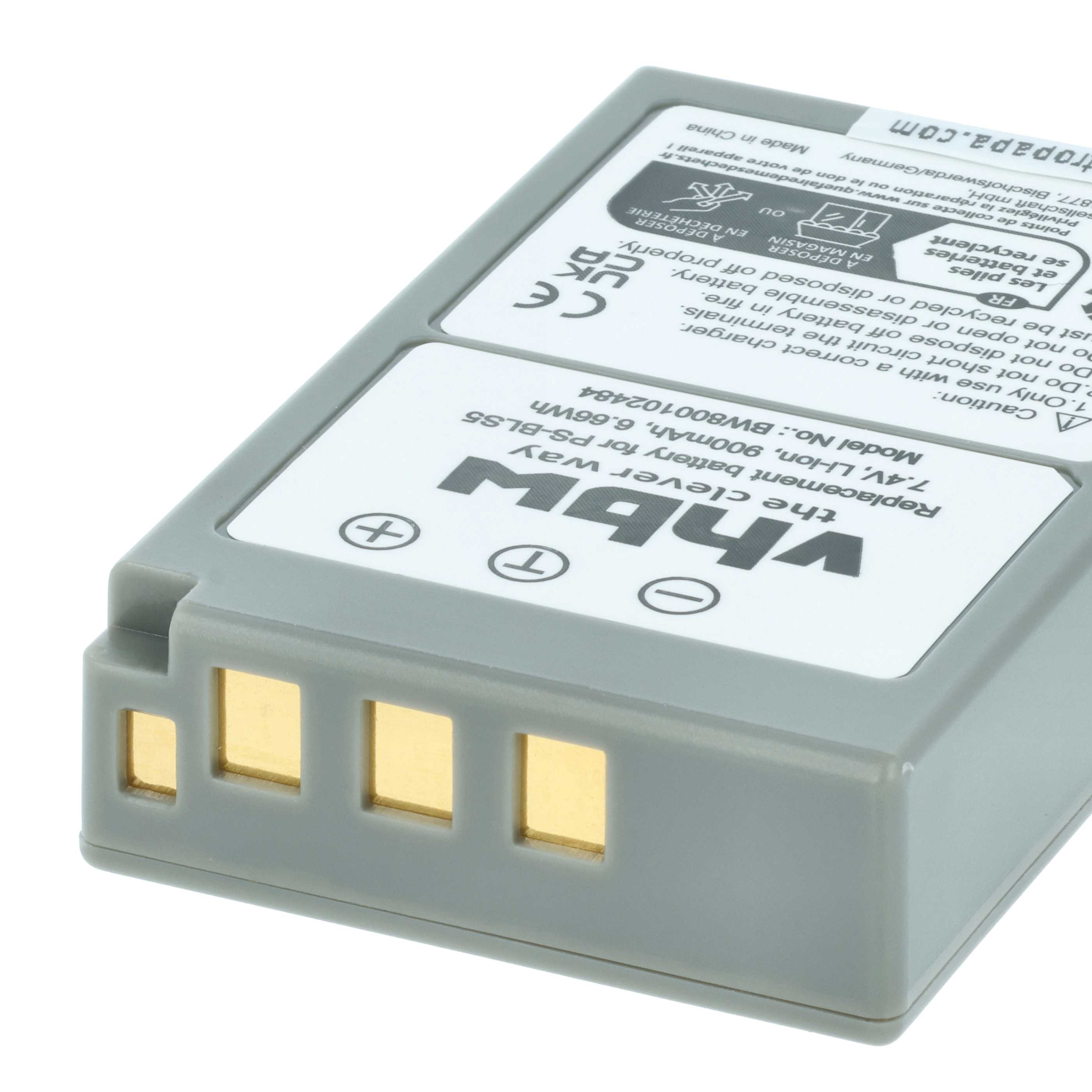 Batteria sostituisce Olympus PS-BLS5, BLS50, BLS-5, BLS-50 per fotocamera - 900mAh 7,2V Li-Ion
