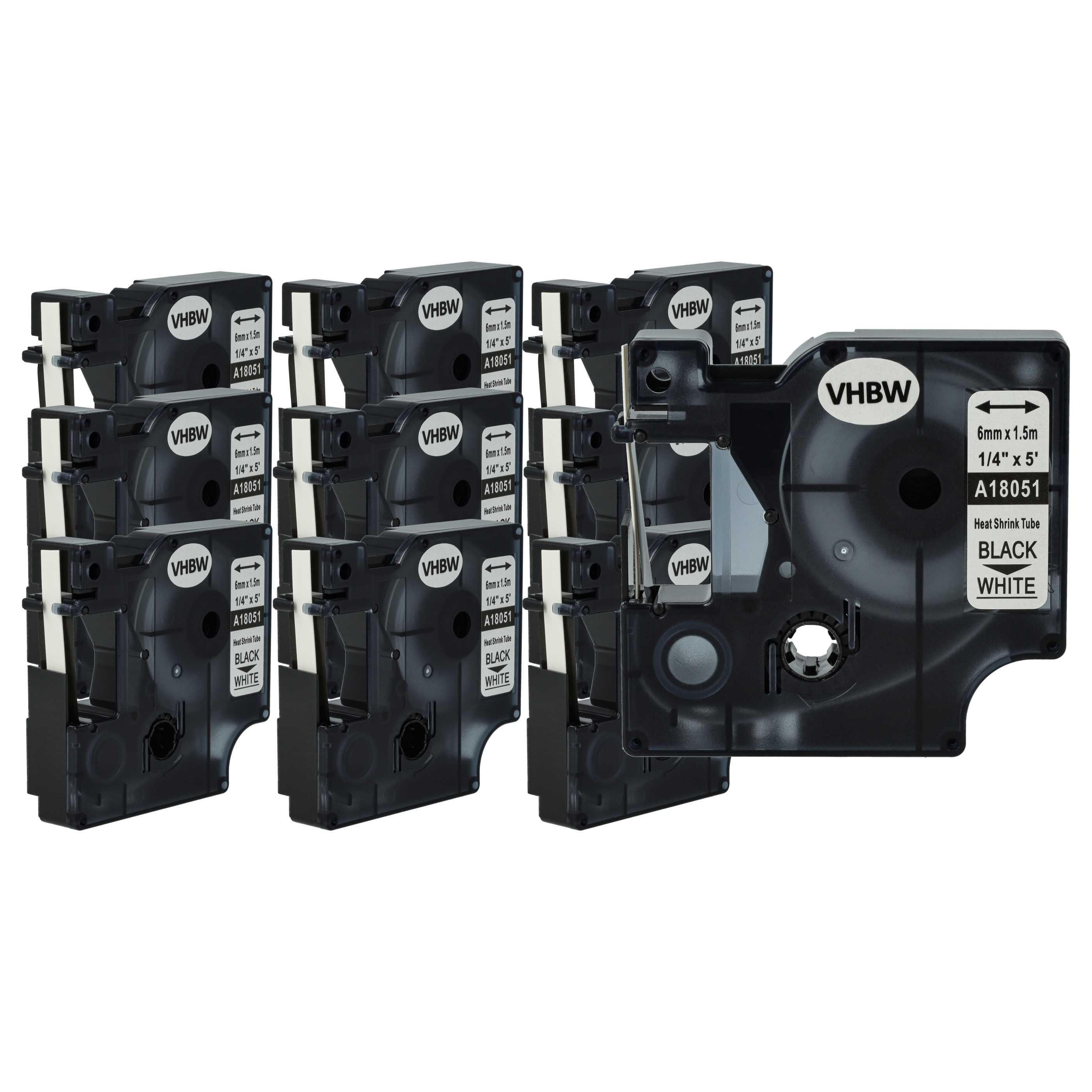 10x Cassetta tubi termorestringenti sostituisce Dymo 18051 per etichettatrice 6mm nero - bianco