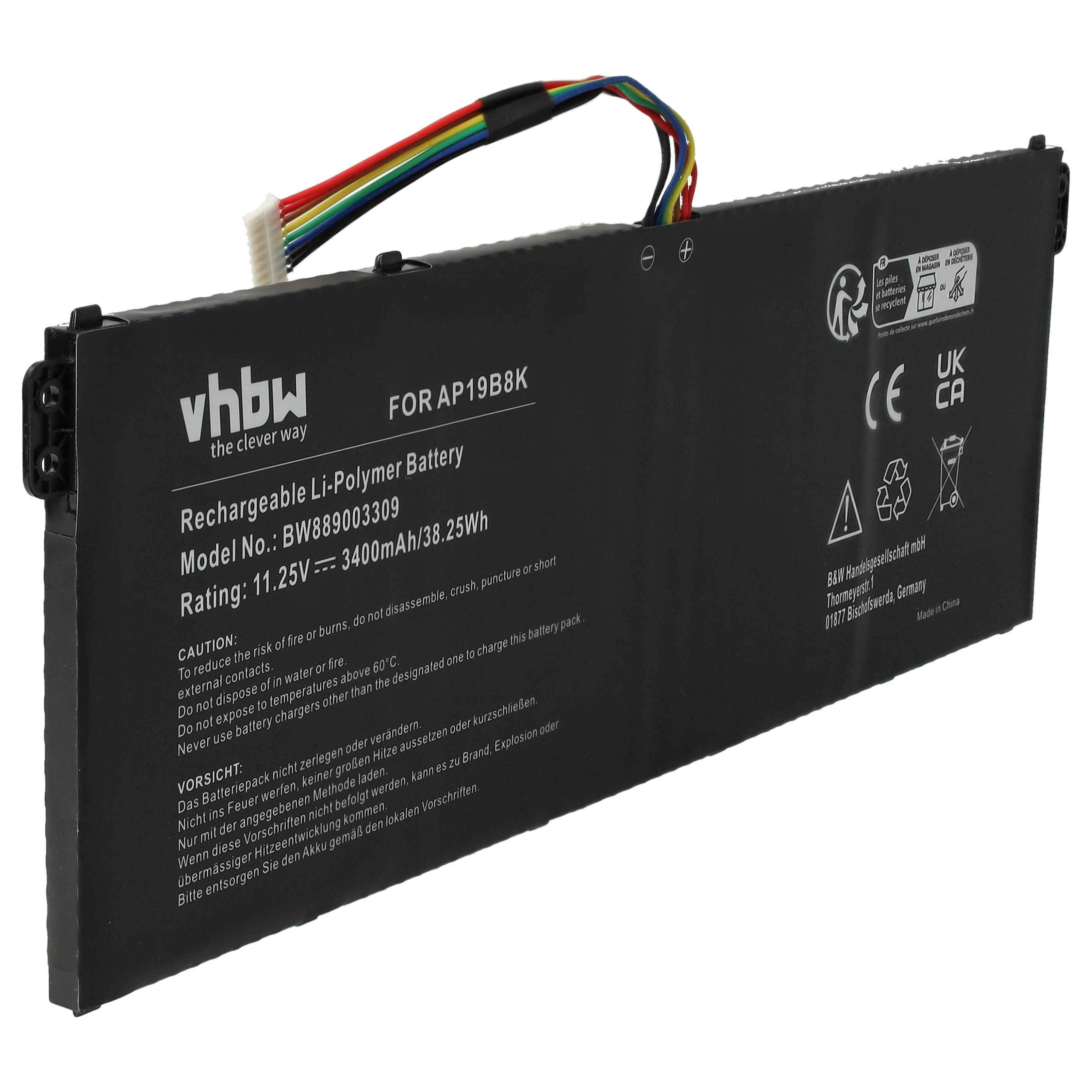 Batterie remplace Acer AP19B8K, AP18C4K pour ordinateur portable - 3400mAh 11,25V Li-polymère, noir