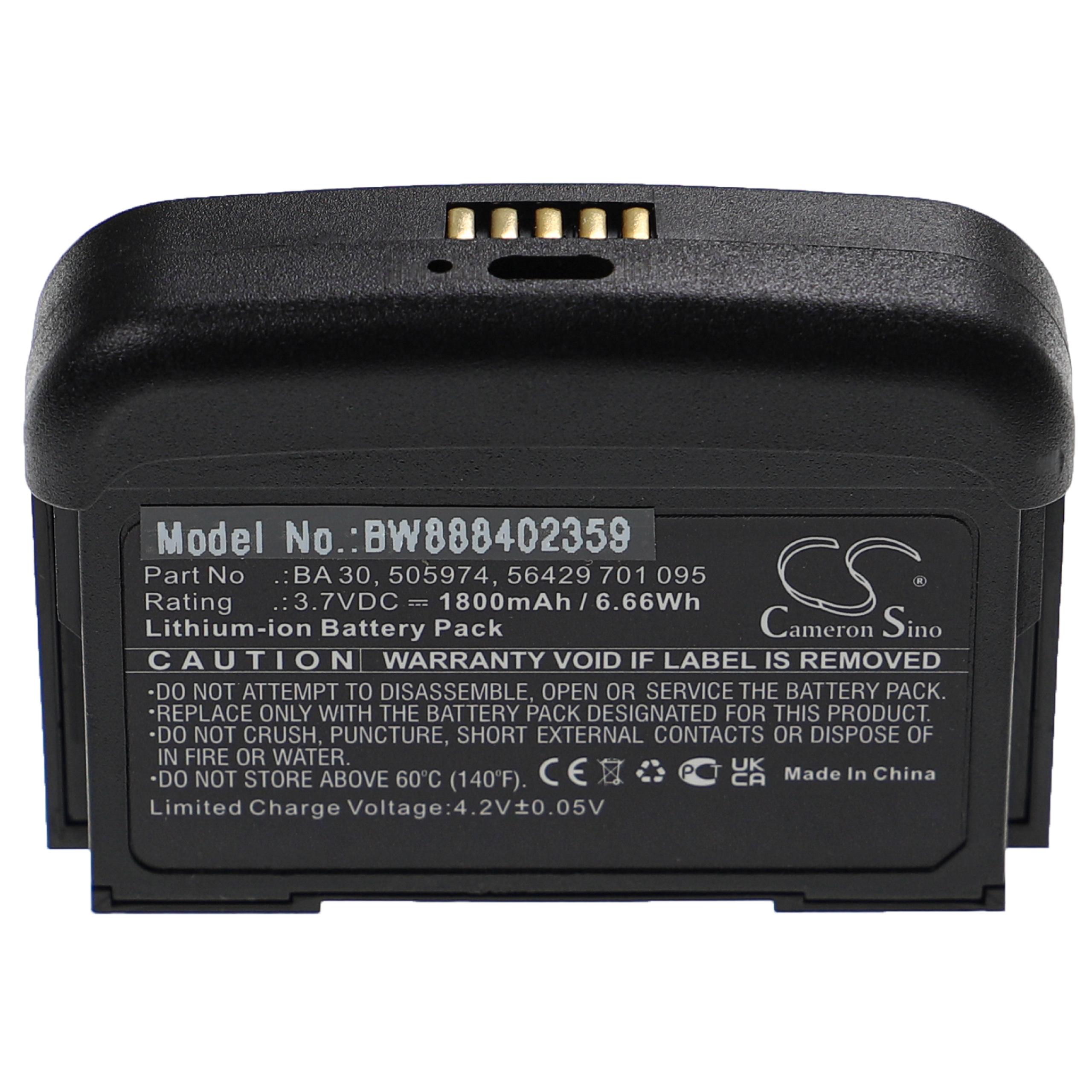 Wireless System Battery Replacement for Sennheiser 505974, 56429 701 095, BA 30 - 1800mAh 3.7V Li-Ion