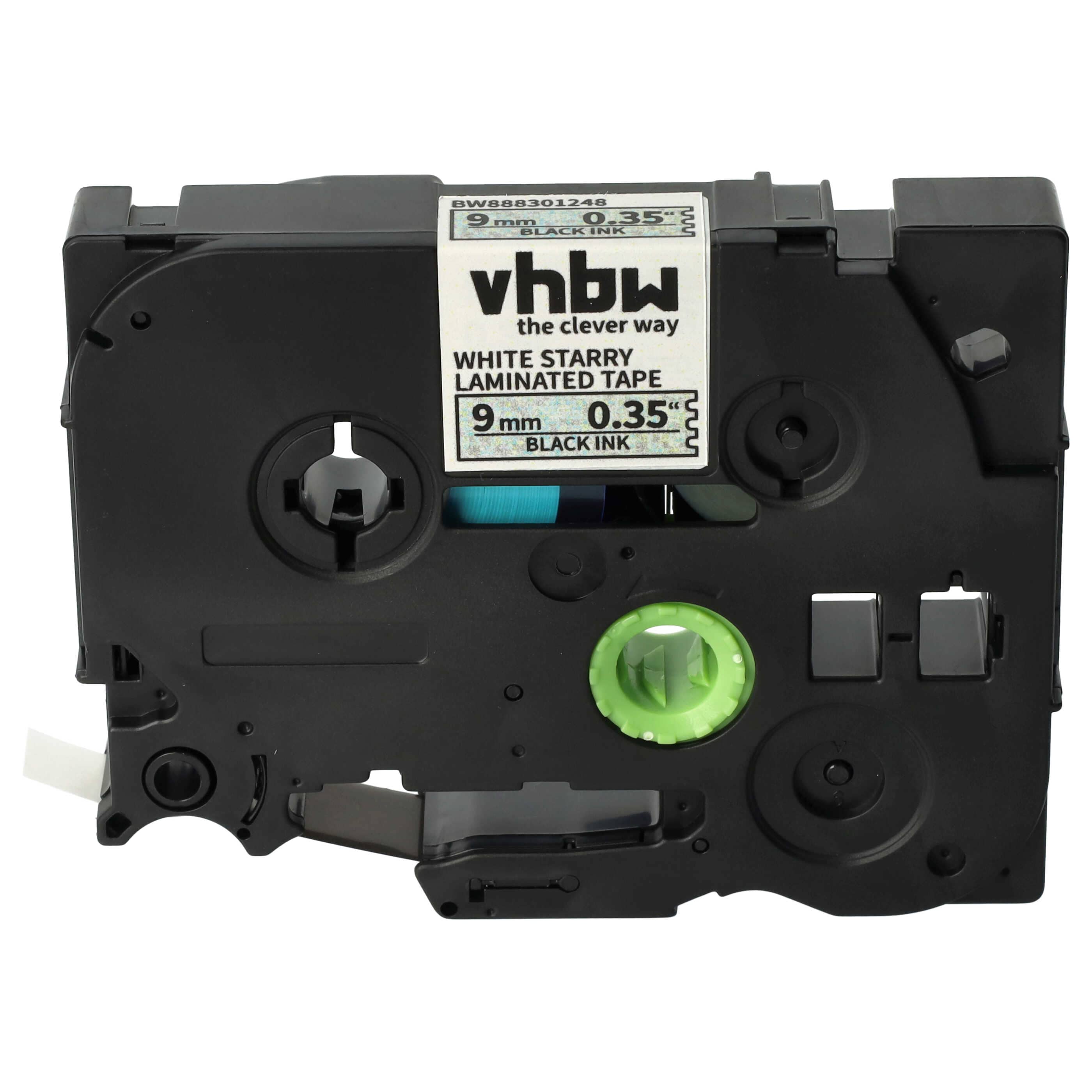 Label Tape replaces Brother TZE-221L1 - 9 mm Black to White (Glitter)