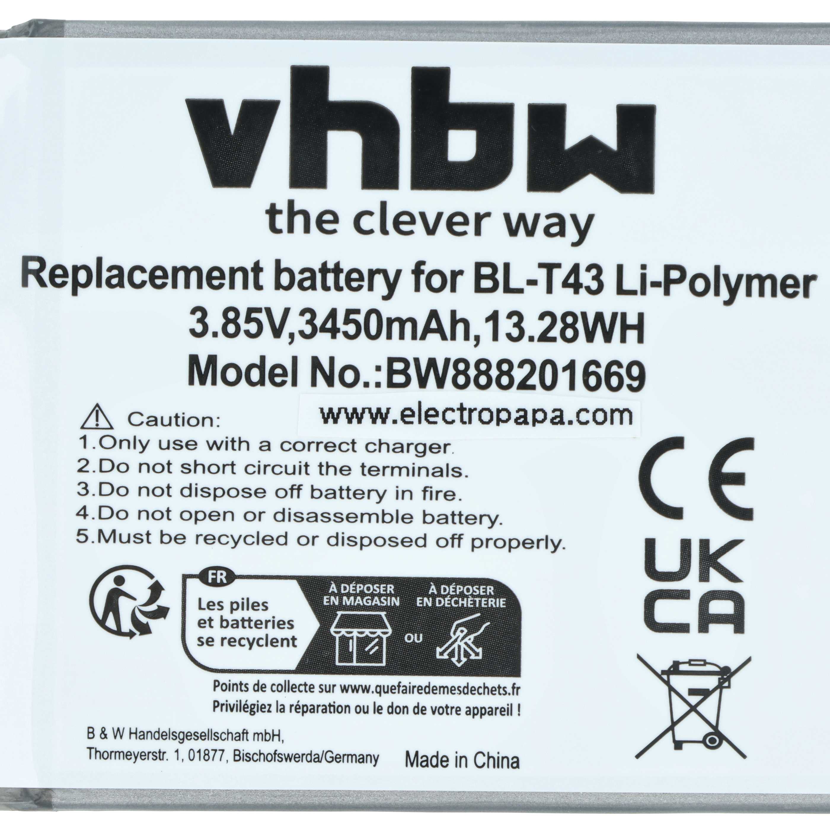 Mobile Phone Battery Replacement for LG EAC64518901, BL-T43 - 3450 mAh 3.85 V Li-polymer
