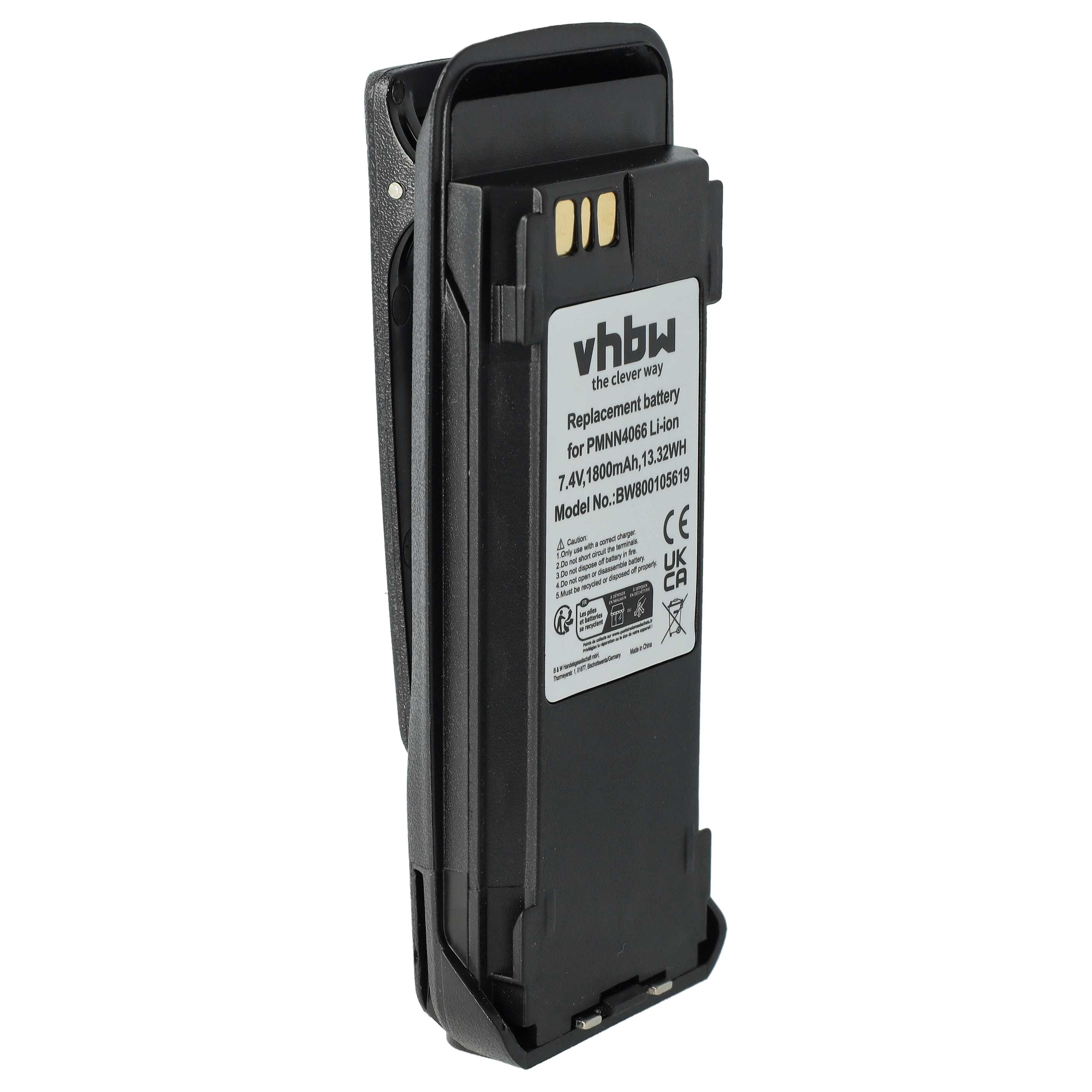 Radio Battery Replacement for Motorola NNTN4066, NNTN4077, NNTN4103 - 1800 mAh 7.4 V Li-Ion + Belt Clip