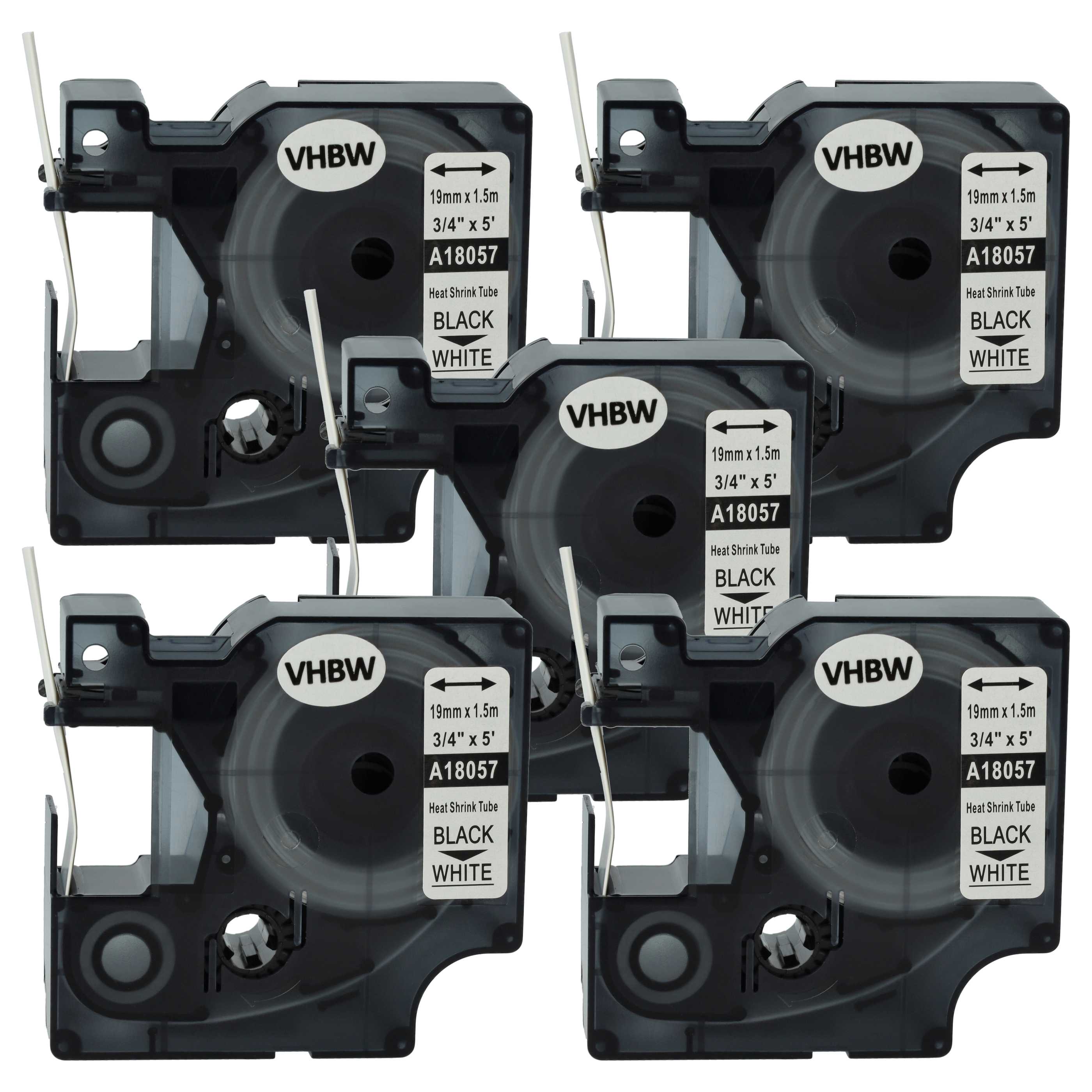 5x Label Tape replaces Dymo 18057 - Black to White, Heat Shrink Tape, 19 mm